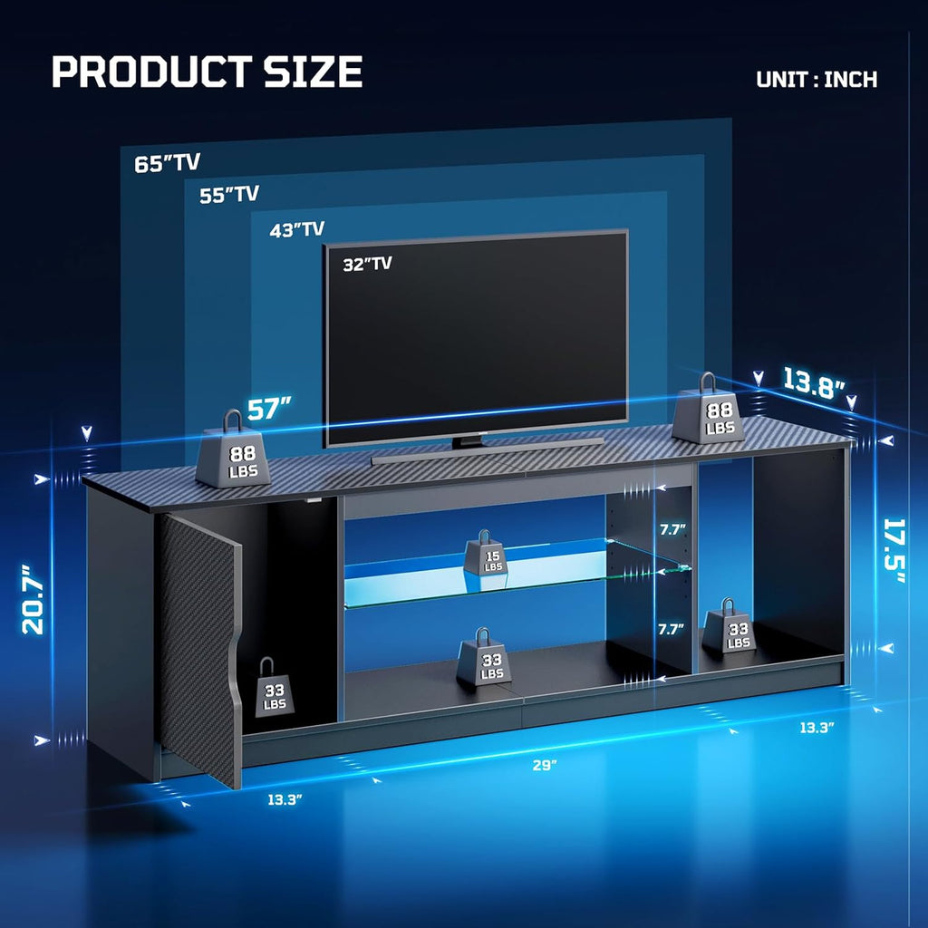 Bestier 57' LED TV Stand for 55/60/65 Inch TVs - Gaming Entertainment Center with RGB Lights, Adjustable Glass Shelves & Cabinet for PS5/Xbox, Modern Black TV Console for Living Room