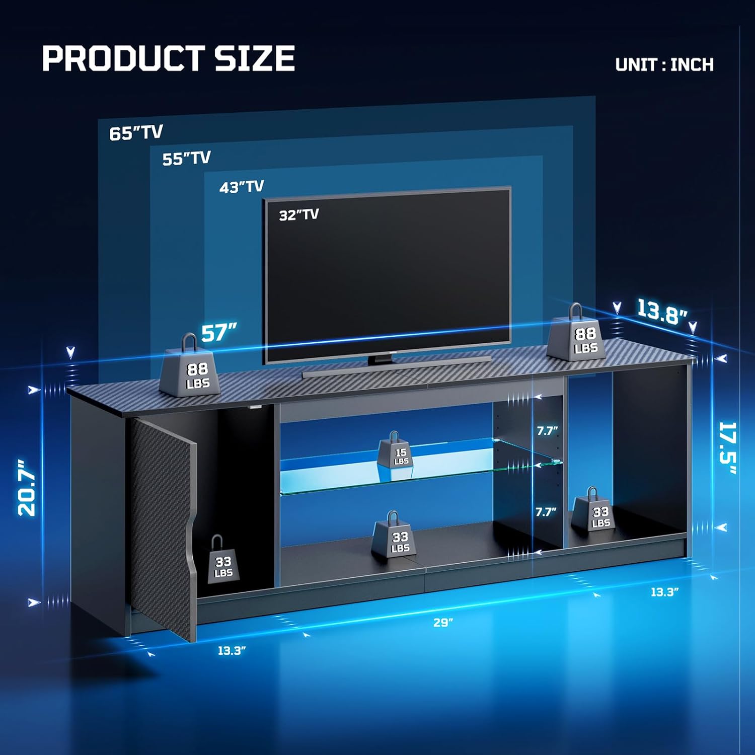 Bestier 57' LED TV Stand for 55/60/65 Inch TVs - Gaming Entertainment Center with RGB Lights, Adjustable Glass Shelves & Cabinet for PS5/Xbox, Modern Black TV Console for Living Room