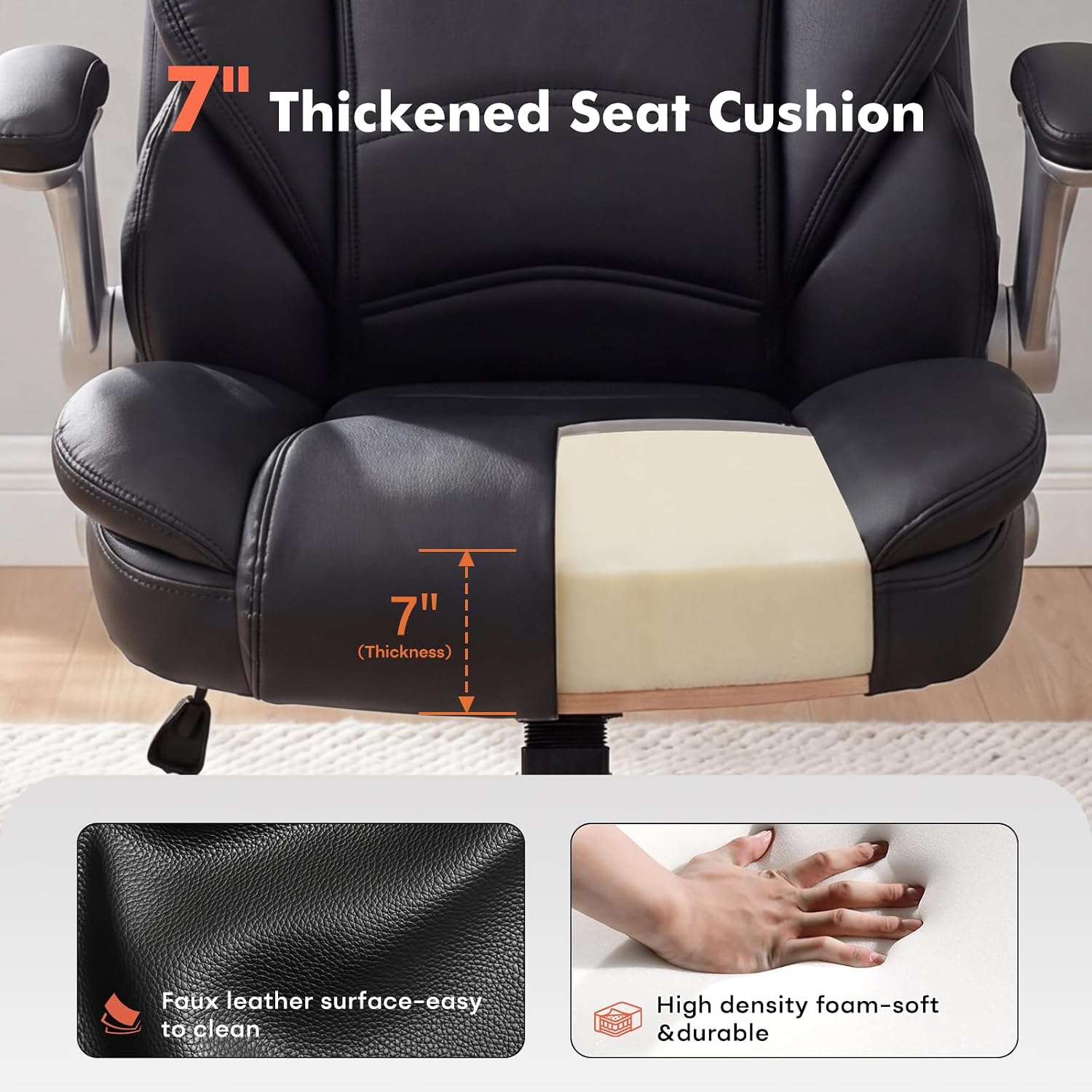 GYI Big and Tall Office Chair 400lb Wide Seat, Ergonomic High Back Leather Executive Desk Chair with Flip-up Arms, Black