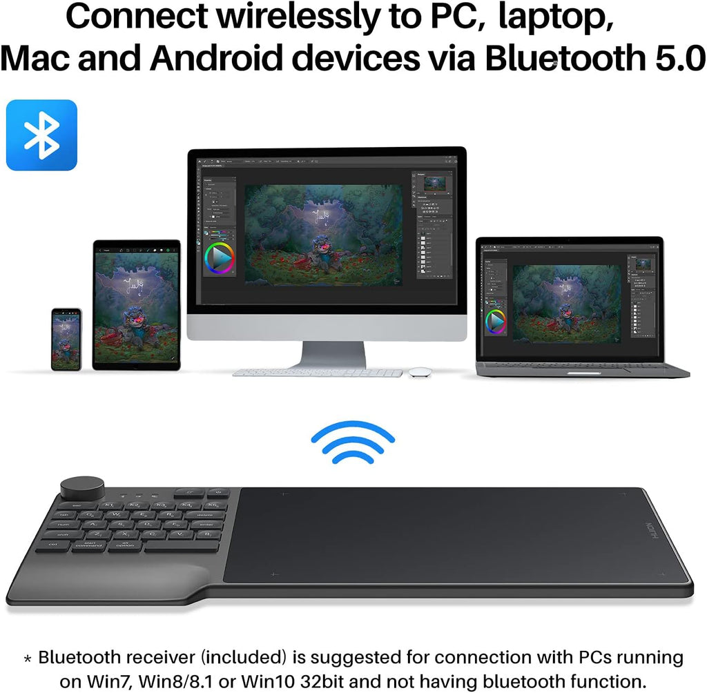 HUION Inspiroy Keydial KD200 Wireless Drawing Tablet, Bluetooth Graphic Tablet with Keyboard Dial 5 Customized Express Keys Battery-Free Pen, 8.9x5.6inch Art Tablet Work with Windows, Mac, Android