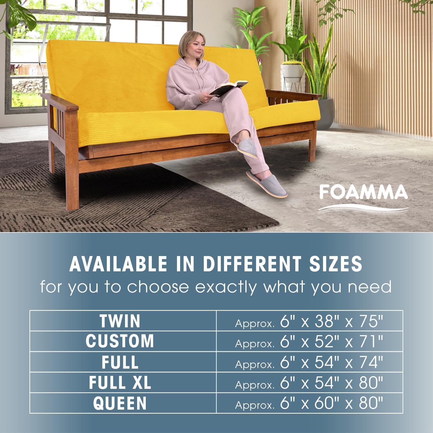 Foamma Memory Foam Futon Mattress, Double-Sided Foldout Couch Futon Mattress, 6' x 54' x 80' Full XL (Canary), Corduroy Fabric - Heavy Duty Sofa Bed, Thick Corded Cushion (Frame NOT Included)
