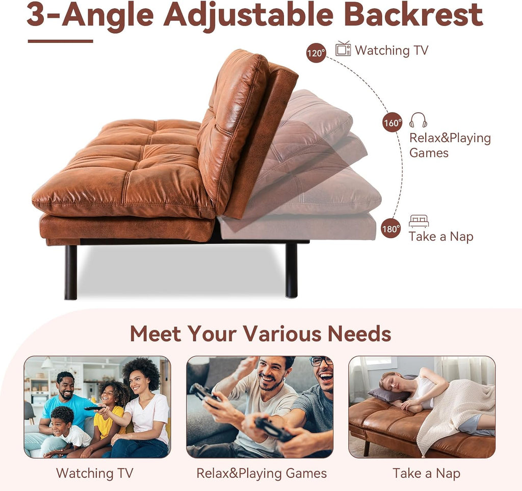 Convertible Futon Sofa Bed,Faux Leather Futon Couch,Memory Foam Futons Bed,Small Splitback Modern Loveseat Sleeper Sofa for Living Room,Office,Apartment,Brown