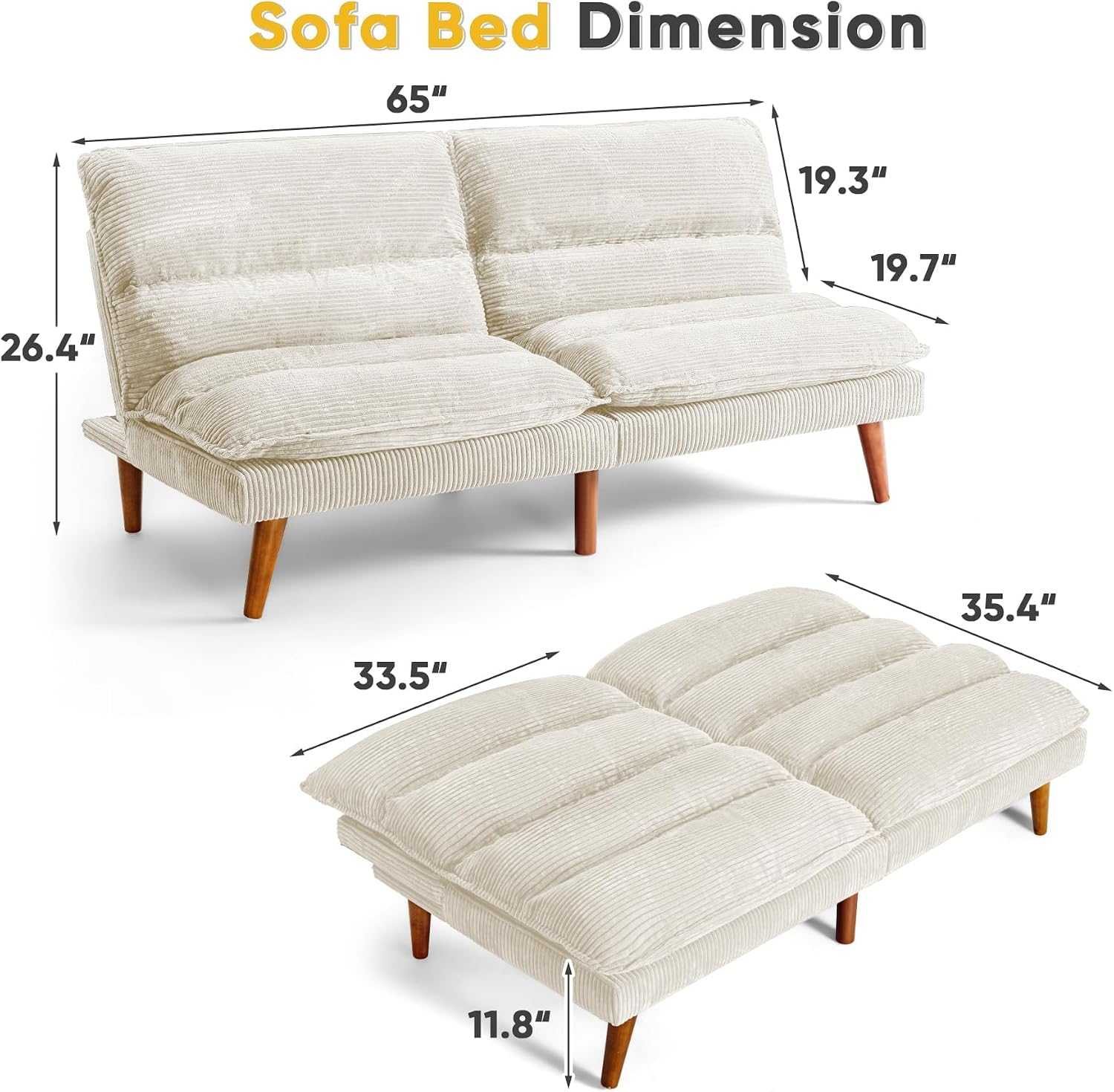 Flamaker Convertible Futon Sofa Bed Futon Couch with Adjustable Back Upholstered Sleeper Sofa Bed for Living Room Furniture (Corduroy, White)
