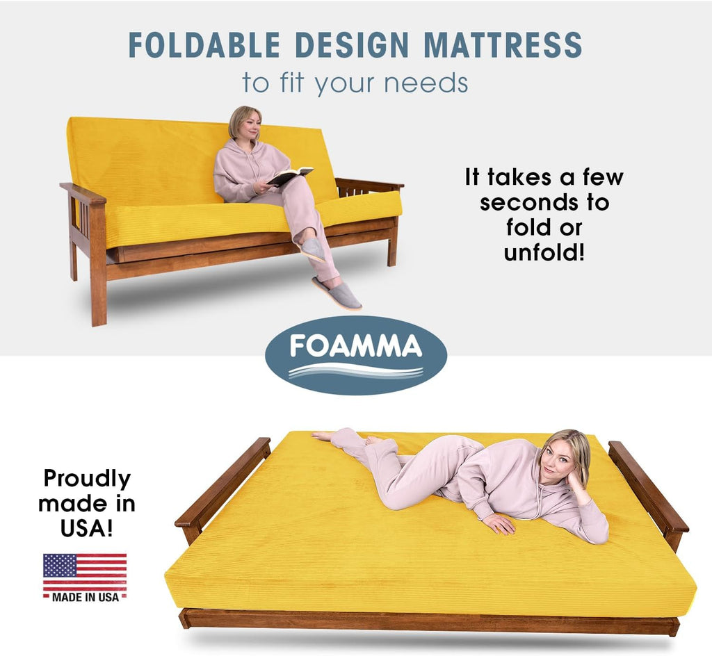Foamma Memory Foam Futon Mattress, Double-Sided Foldout Couch Futon Mattress, 6' x 54' x 80' Full XL (Canary), Corduroy Fabric - Heavy Duty Sofa Bed, Thick Corded Cushion (Frame NOT Included)