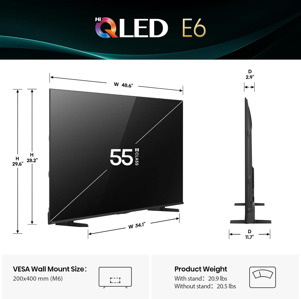 Hisense 55' E6 Cinema Series Hi-QLED 4K UHD Smart Fire TV (55E6QF, 2025 Model) - AI Light Sensor, Dolby Vision · Atmos, Voice Remote with Alexa, Motion Rate 120, HDR 10+ Adaptive, Game Mode Plus