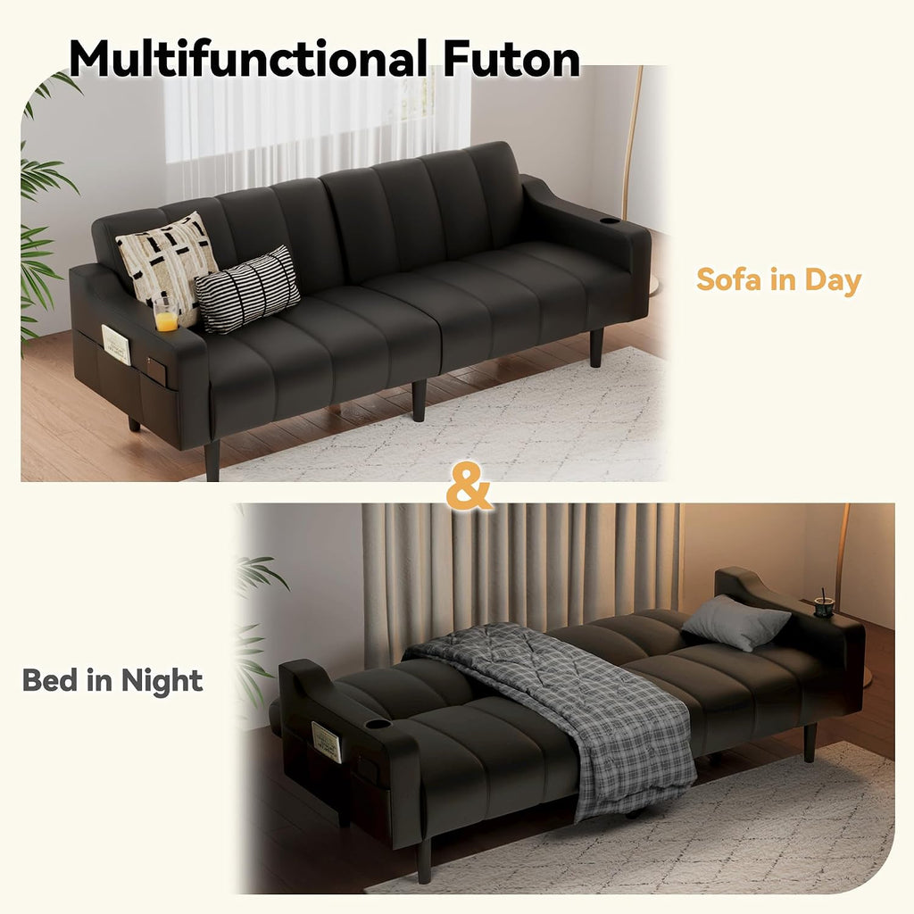 80'' Futon Sofa Bed,Faux Leather Futon Sleeper Sofa, Convertible Loveseat with Adjustable Sofa Backrest,Modern Couches for Living Room, Bedroom, Apartment, Office (Black)