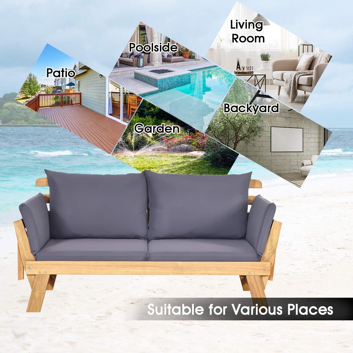 Tangkula Convertible Acacia Wood Patio Couch Sofa Bed with Adjustable Armrest, Outdoor Daybed with Cushion & Pillows, Outside Folding Futon Sofa Couch Bench for Porch, Courtyard, Poolside & Garden