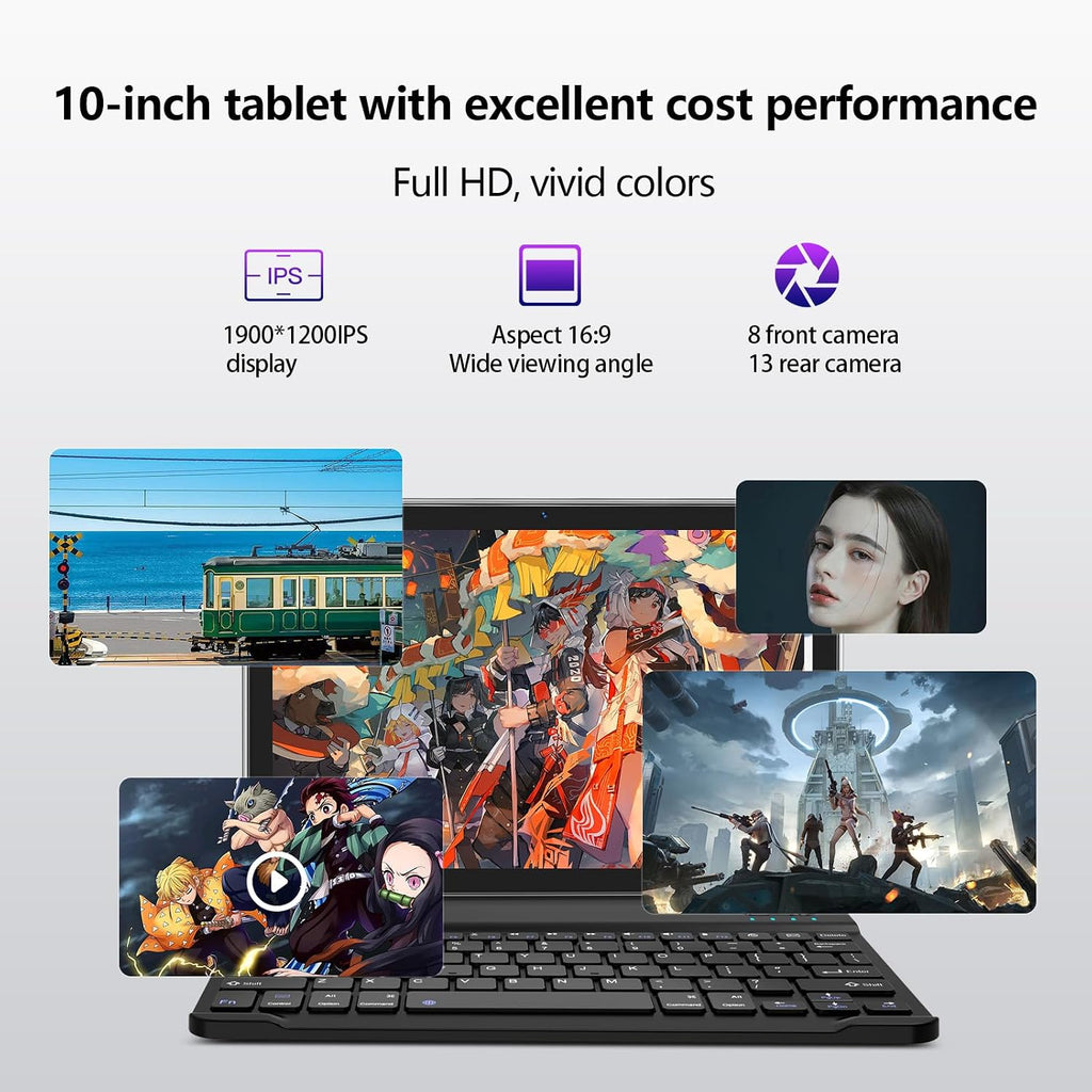 EITOMIN Android Tablet 2026 Latest 10 inch Tablet with Keyboard,128GB ROM 16GB RAM TF1TB Expand,Octa-Core,5GWiFi,1080FHD,13MP+8MPCamera,Bluetooth5.0,GPS,Mouse,Case,Black