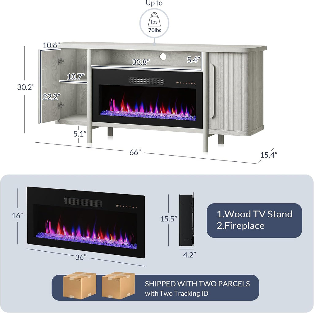 BELLEZE 66' TV Stand with 36' Electric Fireplace Heater, Wood Console Table for TVs up to 75', Entertainment Center with Storage Cabinets for Living Room, Bedroom - Portman (White Sand)