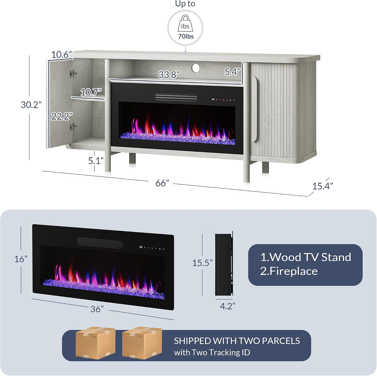 BELLEZE 66' TV Stand with 36' Electric Fireplace Heater, Wood Console Table for TVs up to 75', Entertainment Center with Storage Cabinets for Living Room, Bedroom - Portman (White Sand)