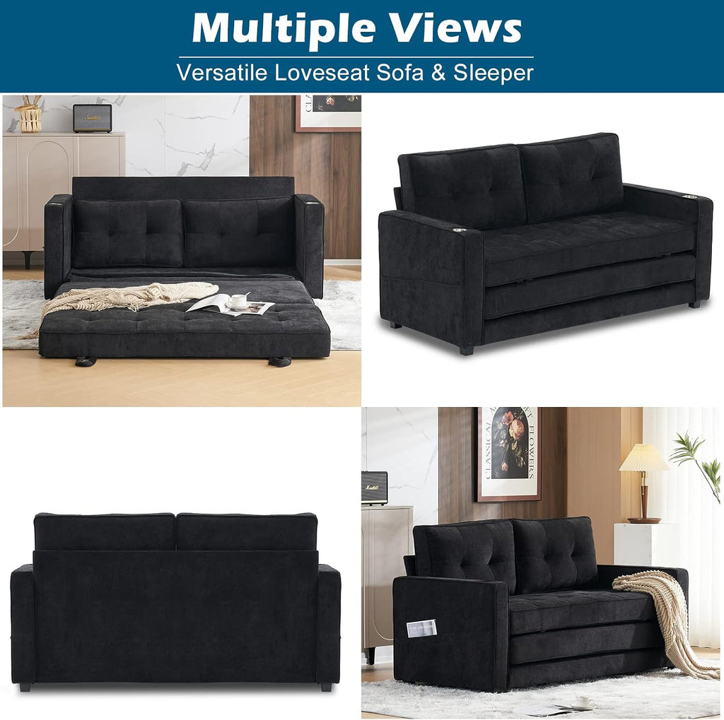 VINGLI Upgraded 64' W 84' L Full Size Futon Sofa Bed, 6' Thick Upholstery Chenille Loveseat Sofa Sleeper Pull Out Couch,Convertible Floor Couch for Living Room, Bedroom, Entertainment Room, Black