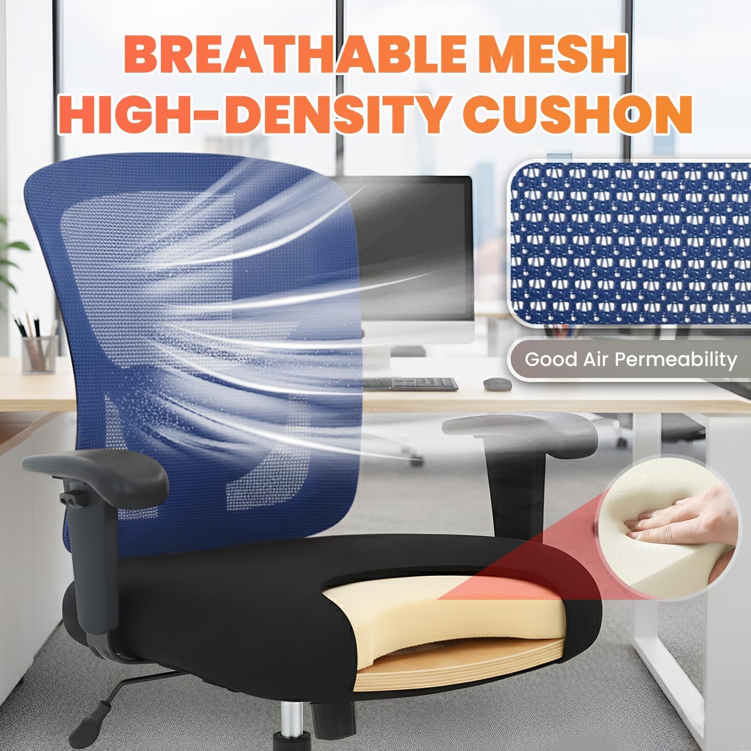 BestOffice Big and Tall Office Chair Mesh Computer Chair with Lumbar Support Wide Seat Adjust Arms Rolling Swivel High Back Task Executive Ergonomic Chair for Home Office, Blue