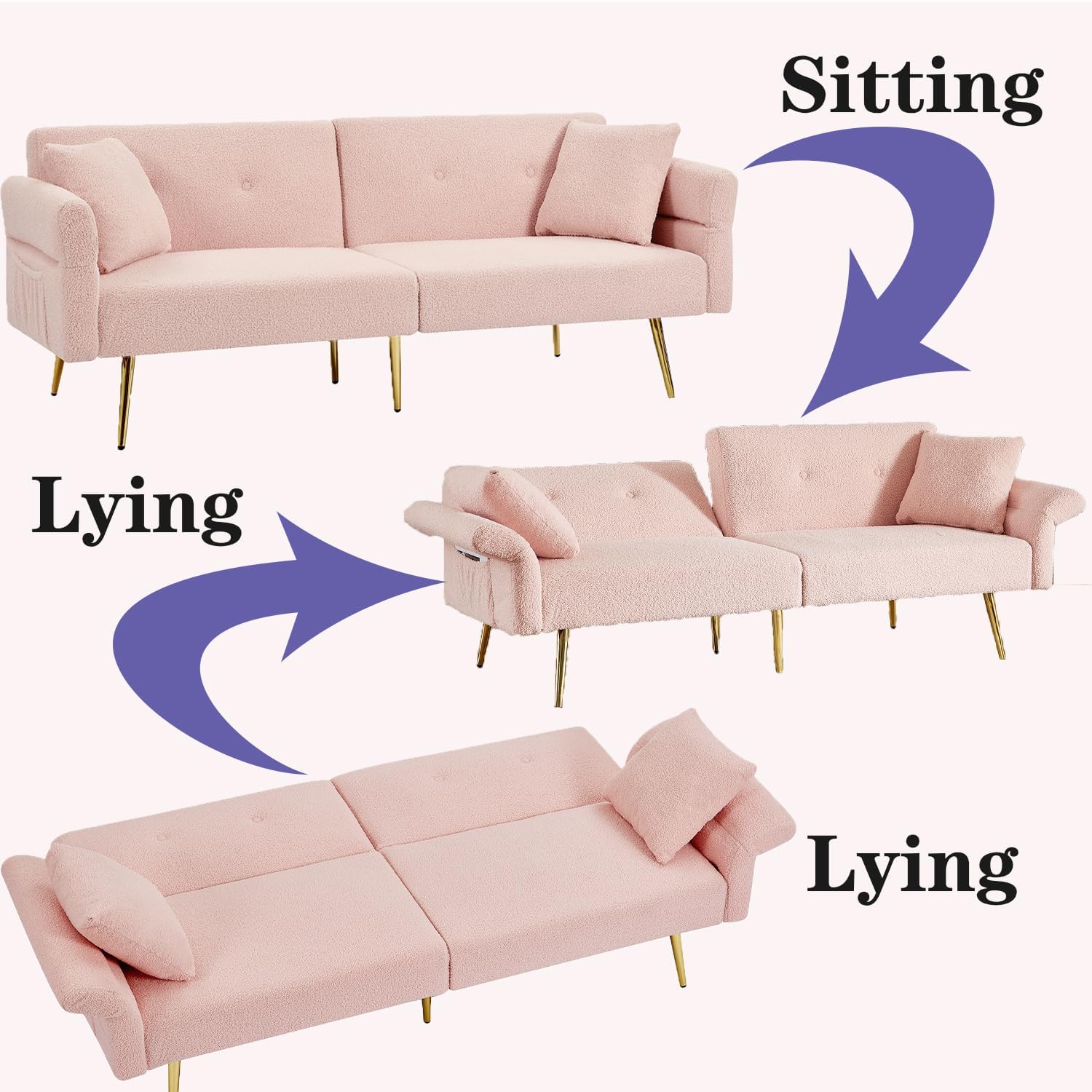 69.5'Pink Convertible Futon Sofa Bed with Adjustable Backrest and Armrests, Teddy Upholstered Loveseat Sleeper Couch with 2 Pillows and Metal Legs Love Seat for Guest Room Living Room (Pink)