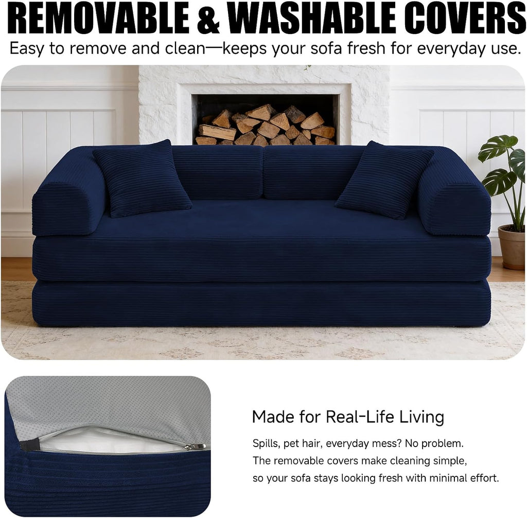 79' Corduroy Sofa Bed, Boneless Couch in a Box with 2 Pillows, High-Density Foam 4-in-1 Foldable Sleeper Futon Loveseat for Small Spaces, No Assembly, Side Pockets, Round Arm Blue