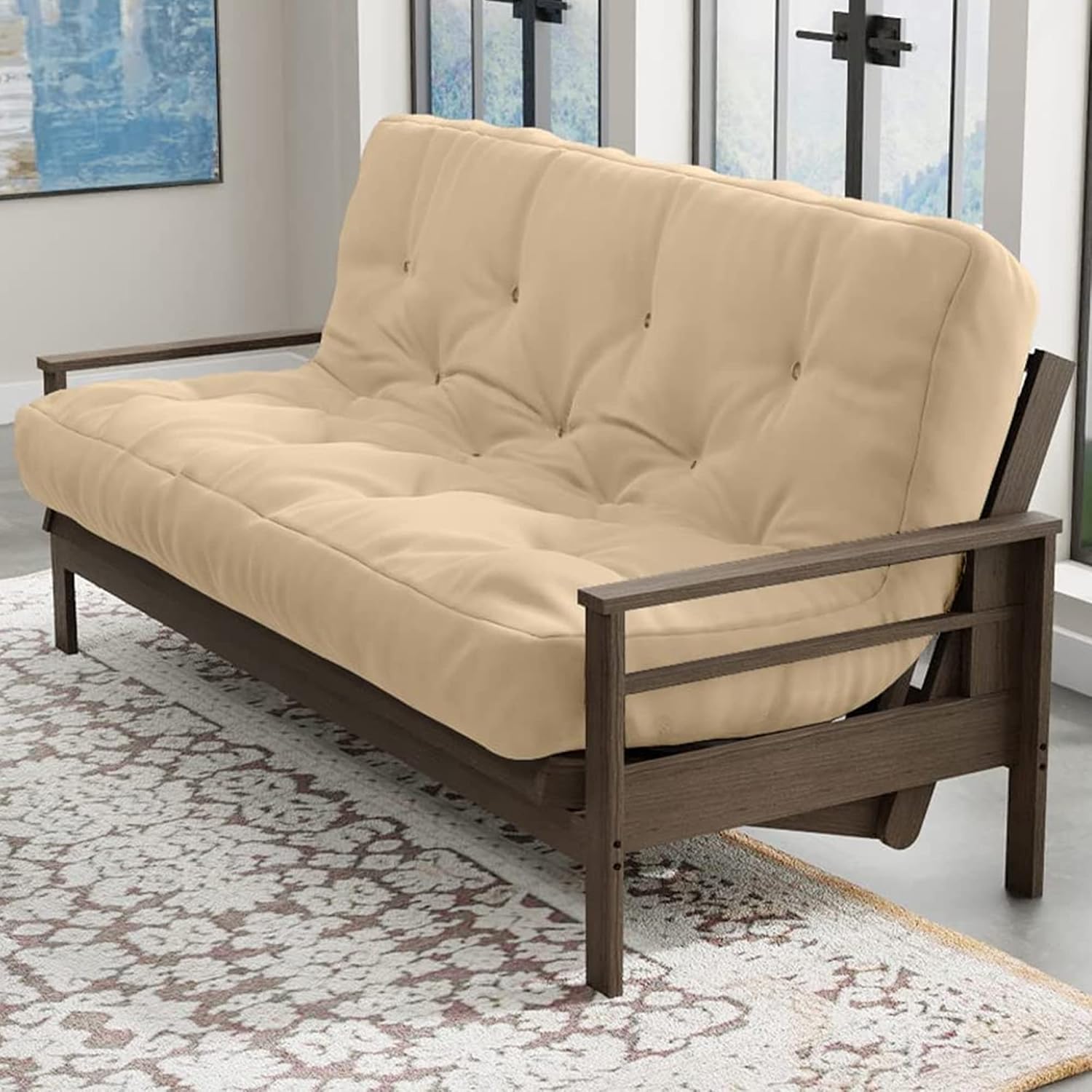 Loosh Home | 10' Queen Size Futon Sofa Bed Pocket Coil Foam Mattress - USA Made, Beige, No Frame