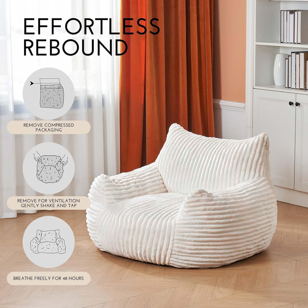 LKD Bean Bag Chairs for Adults,Comfy Corduroy Bean Bag Chair with Arms,Modern Living Room Decorative Corner Chair Bedroom,Reading Sofa, Dormitory Lounge Sofa Chairs for Bedroom (White，No Ottoman)