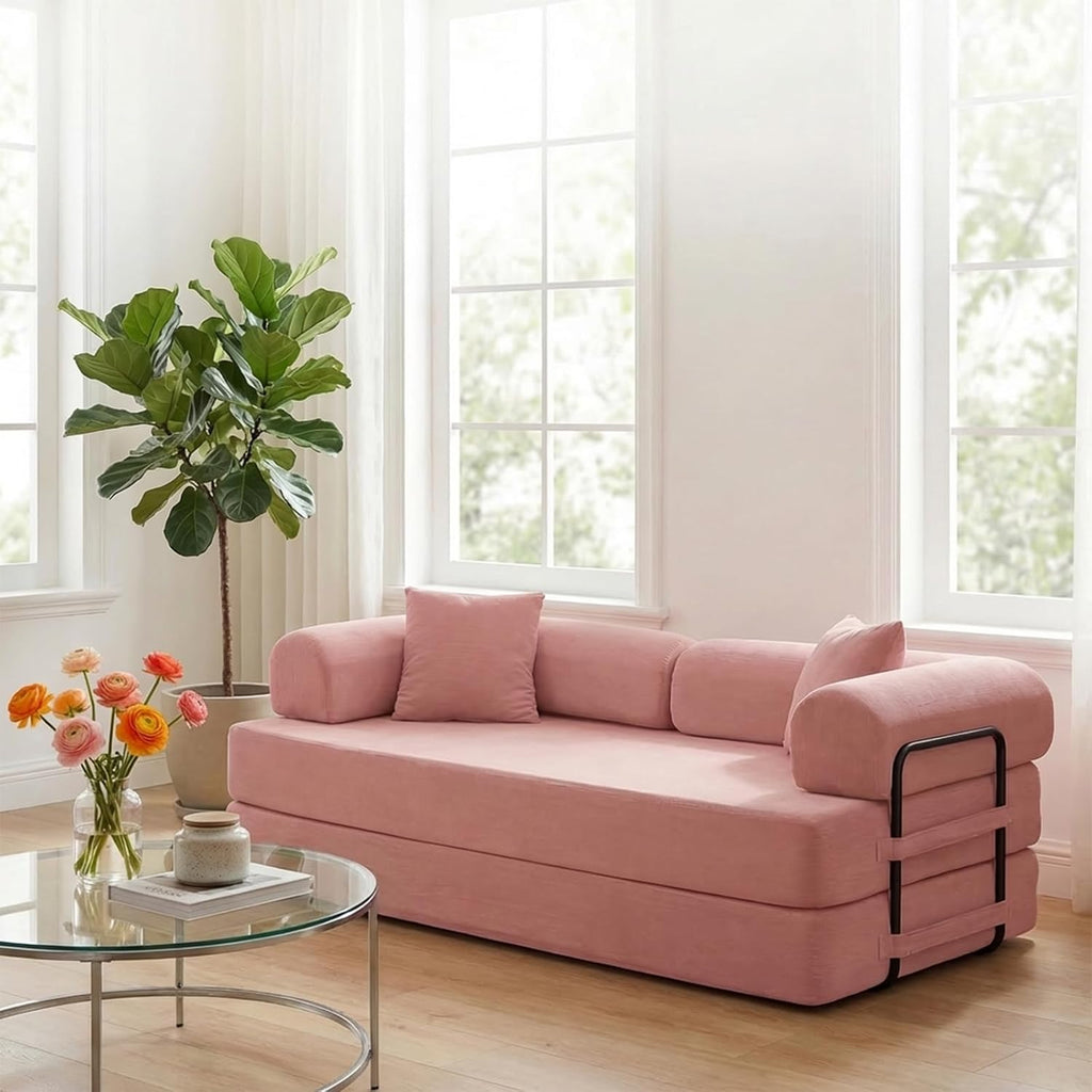 ijuicy 4-in-1 King Convertible Floor Sofa Bed w/ 2 Pillow,Modular Sleeper Sofa/Folding Futon Couch Bed w/Cylindrical Backrest and Fixed Frame,Lounge Couch,Corduroy Compression Sofas for Home-Pink