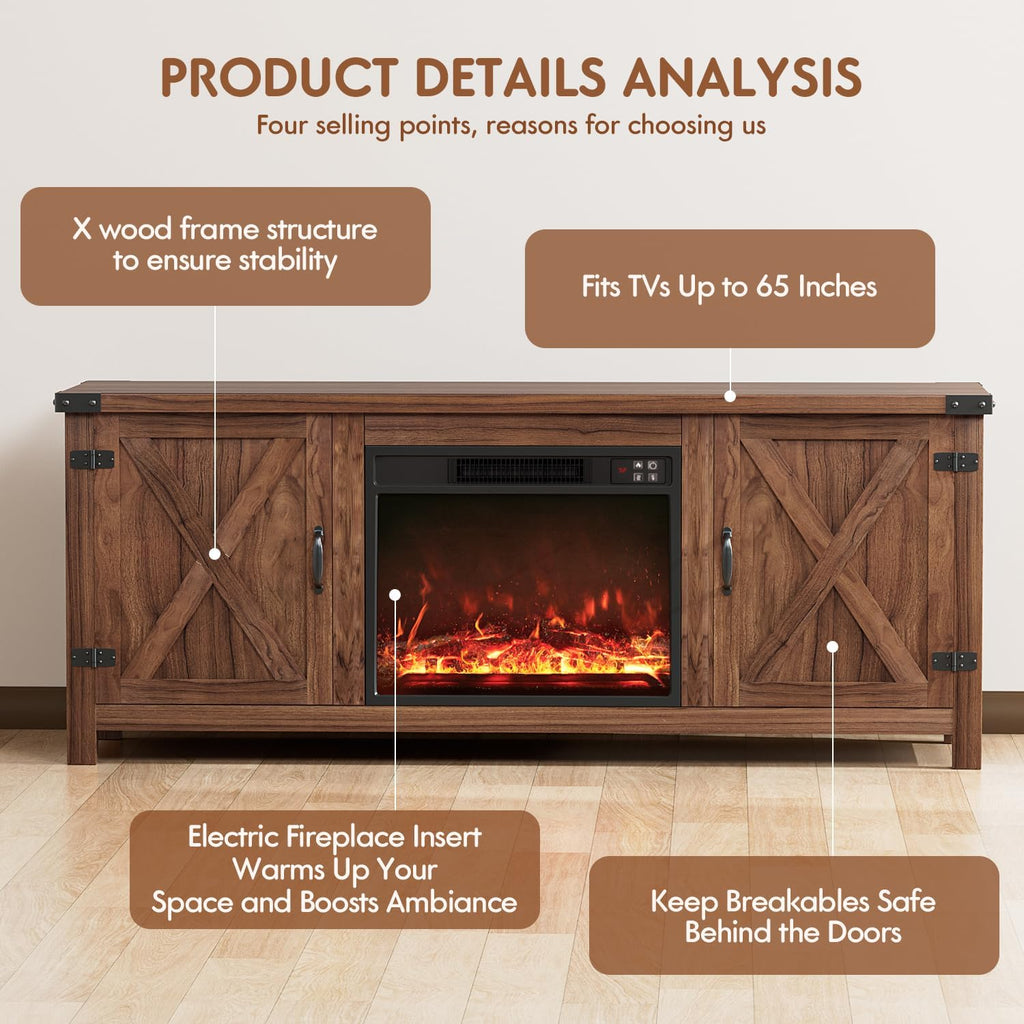 YESHOMY Fireplace TV Stand with Two Barn Doors and Storage Cabinets for Televisions up to 65+ Inch, Entertainment Center Console Table, Media Furniture for Living Room, 58 Inch, Brown
