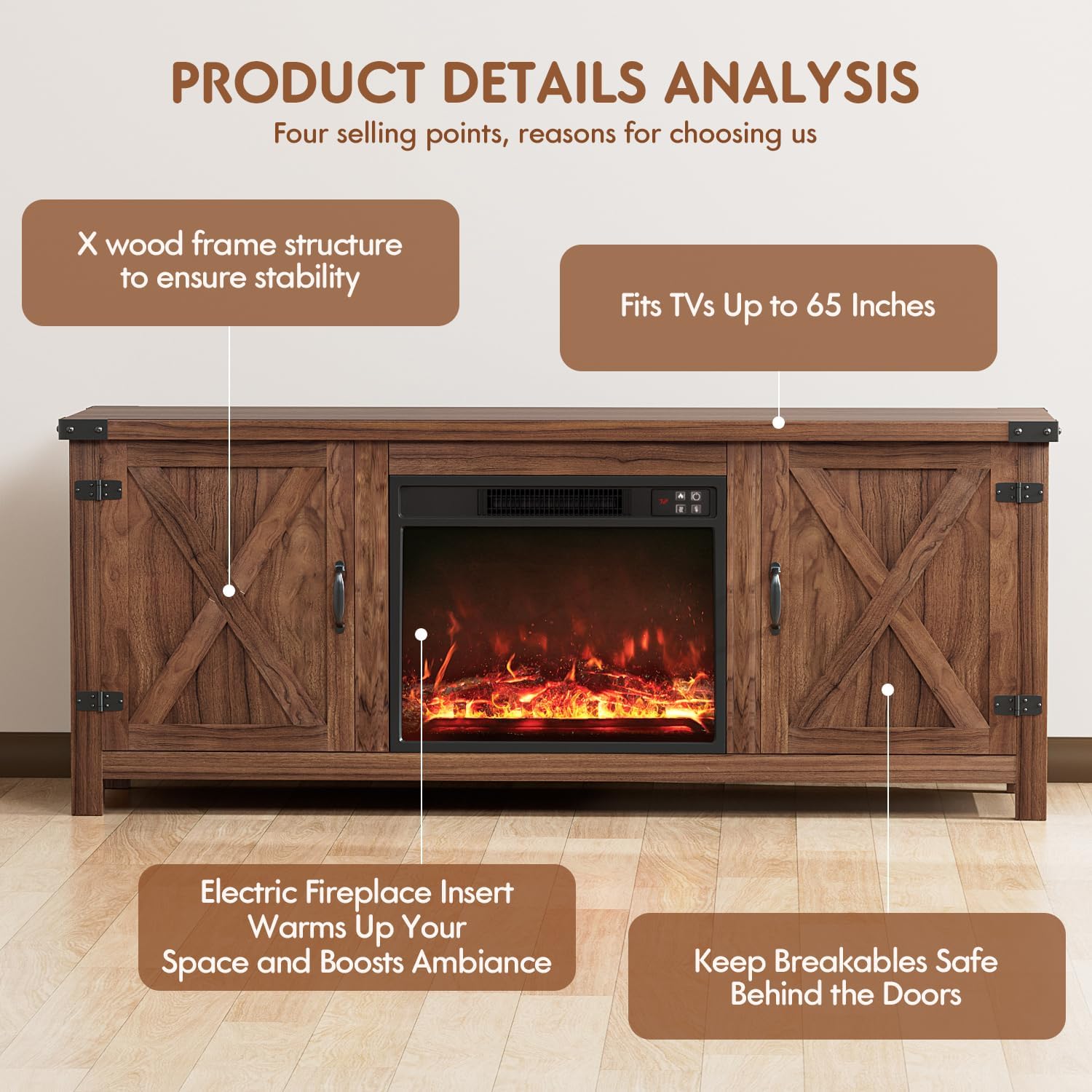 YESHOMY Fireplace TV Stand with Two Barn Doors and Storage Cabinets for Televisions up to 65+ Inch, Entertainment Center Console Table, Media Furniture for Living Room, 58 Inch, Brown