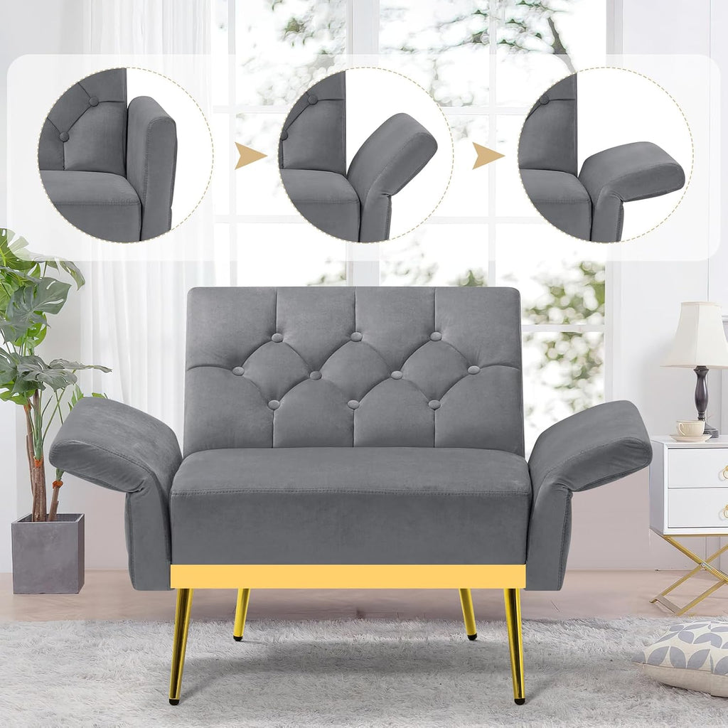 2 Pieces Velvet Sofa Set w/Adjustable Armrests and Backrests, Tufted Accent Chair w/Ottoman, Convertible Futon Sofa Bed for Bedroom, Living Room, Apartment, Grey