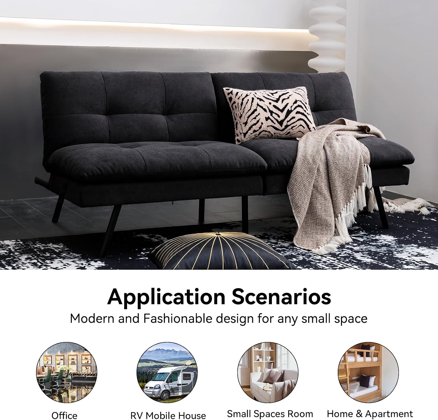 Hcore Polyester Memory Foam Convertible Futon Sofa Bed, Small Splitback Loveseat, 68' L x 32.3' W x 30.7' H, Black