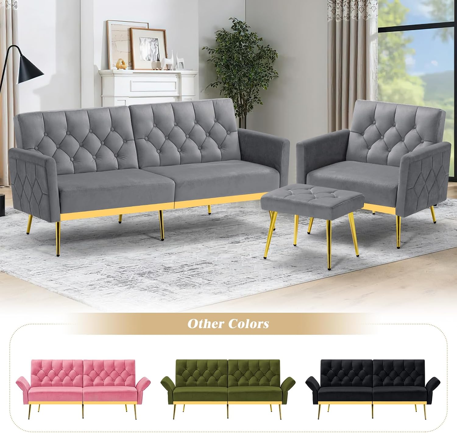 Velvet Sofa Bed w/Adjustable Armrests and Backrests, Modern Convertible Sleeper Sofa, Tufted Futon Sofa for Bedroom, Living Room, Apartment, Grey