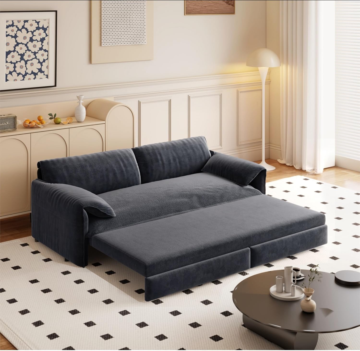 3 in 1 Convertible Queen Sleeper Sofa Bed Comfy Pull Out Futon Couch Bed 66' Modern Velvet Recliner Loveseat Sofa Multi-Functional Grey Cloud Couch for Living Room,Apartment,Office (Grey 66')