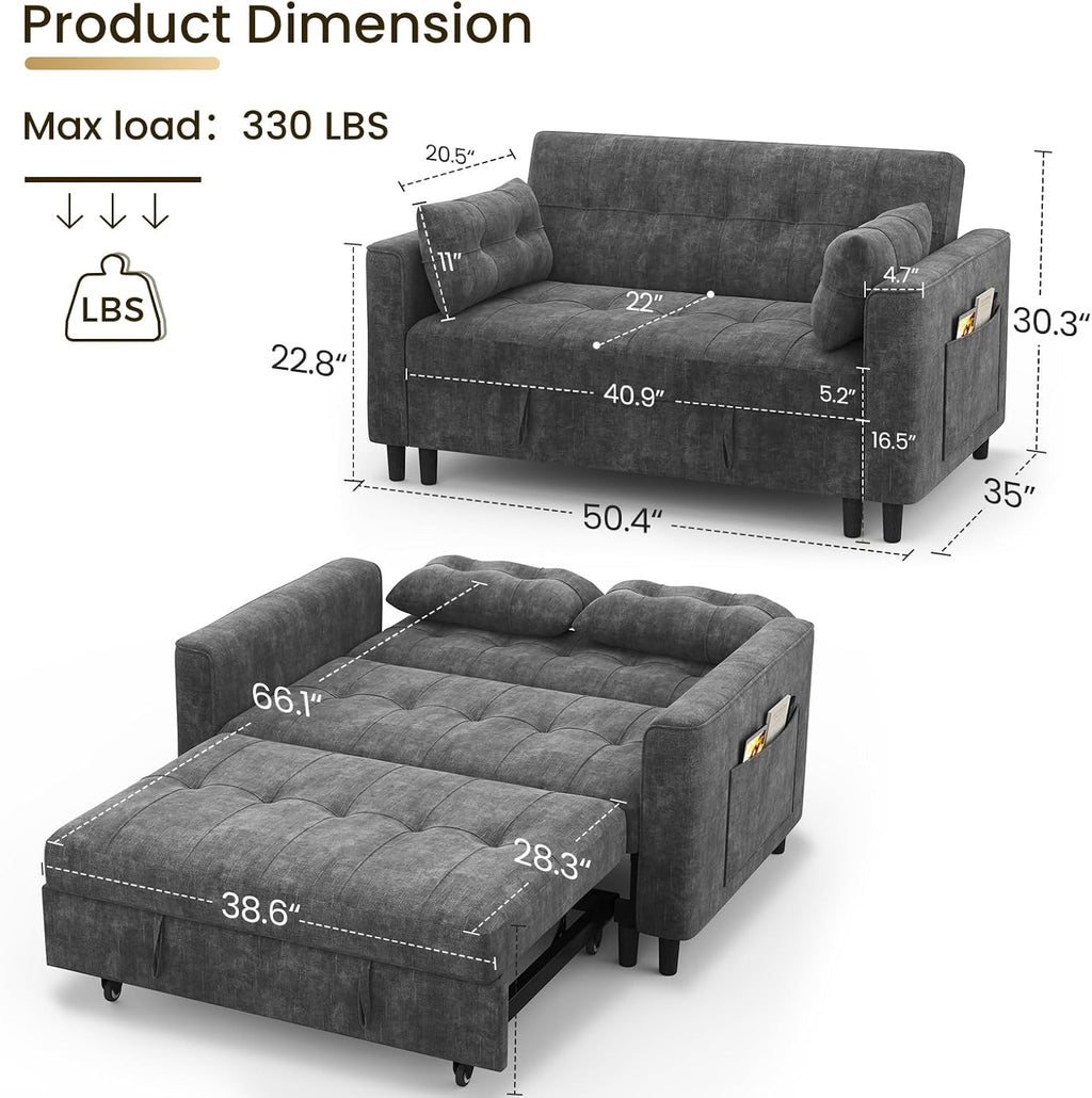 KKL 3 in 1 Convertible Sleeper Sofa Bed, Small Pull Out Couch Bed with Adjustable Backrest, Chenille Loveseat Couches with Side Pocket,Futon Sofa Beds Couch for Living Room, Bedroom,(Dark Grey)