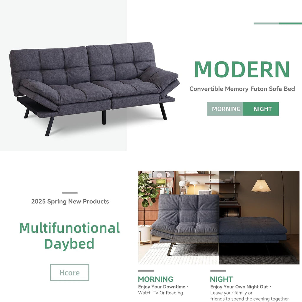 Opoiar Convertible Futon Sofa Bed,Linen Fabric Futon Couch,Sofa & Couch Soft Cushions Love Seat Daybed for Studio, Apartment, Office, Small Space, Compact Living Room,Grey
