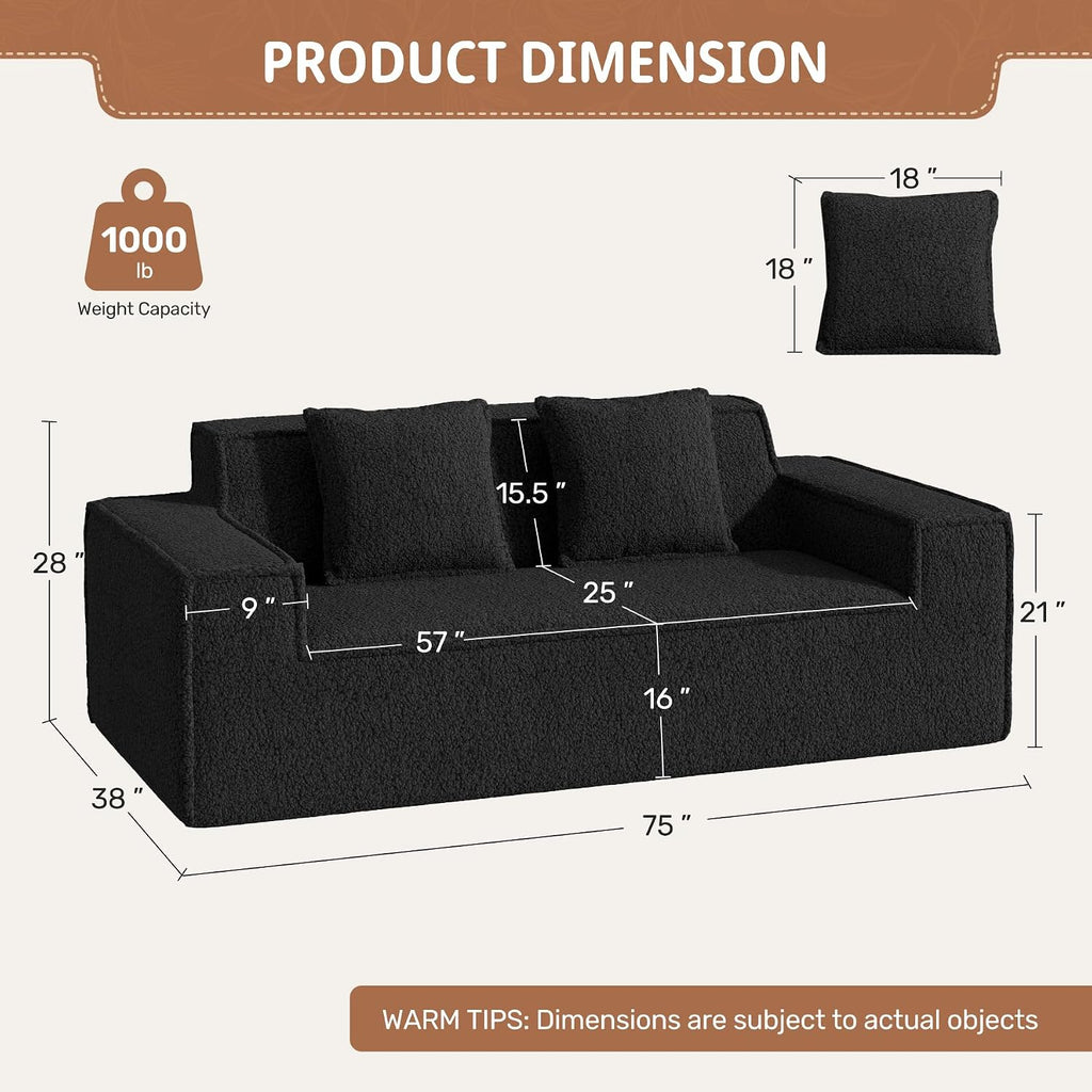 75'' Cloud Loveseat Sofa, No Assembly Required Comfy Deep Seat Couches 1 pcs for Living Room, Bedroom, Apartment(Teddy Fabric-Black)