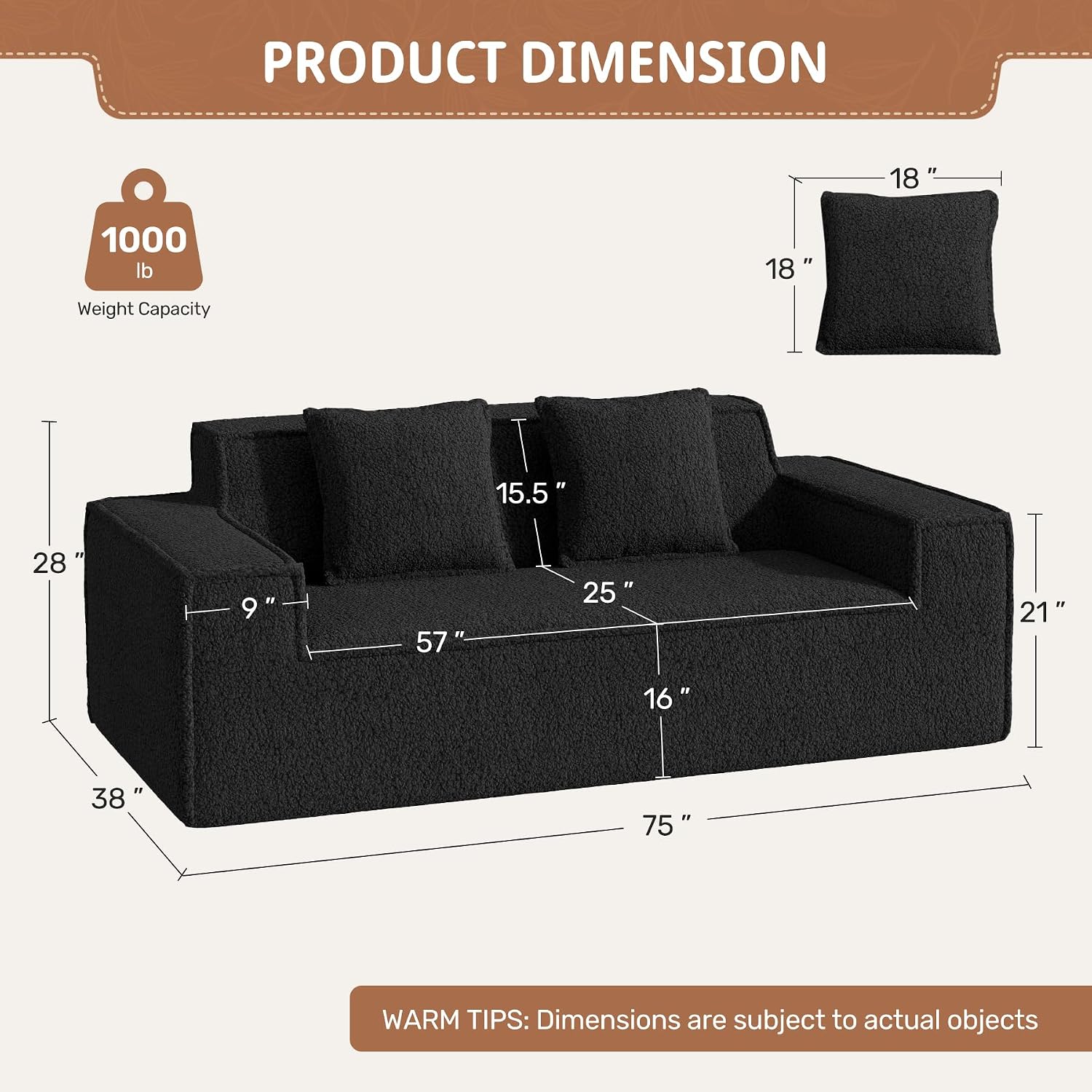75'' Cloud Loveseat Sofa, No Assembly Required Comfy Deep Seat Couches 1 pcs for Living Room, Bedroom, Apartment(Teddy Fabric-Black)