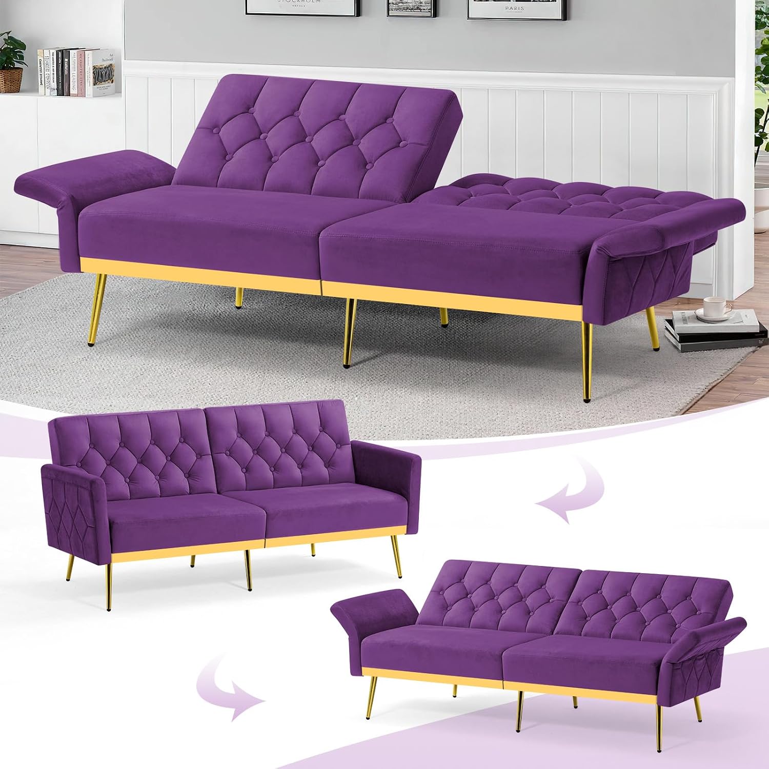 Velvet Sofa Bed w/Adjustable Armrests and Backrests, Modern Convertible Sleeper Sofa, Tufted Futon Sofa for Bedroom, Living Room, Apartment, Purple