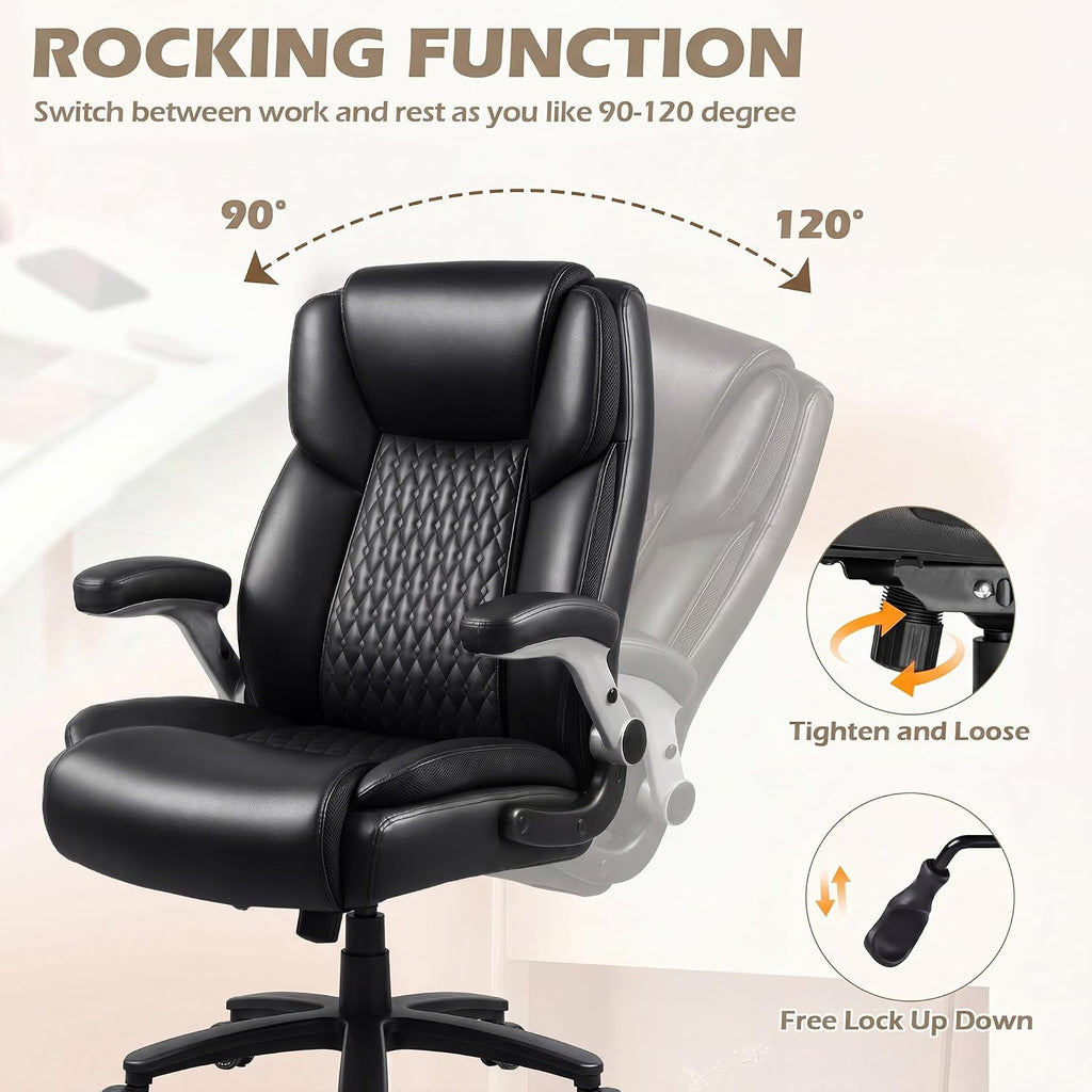 LEMBERI 600lbs Big and Tall Office Chair with Flip up Armrest, Heavy Duty Executive Desk Chair for Heavy People, High Back Computer Chair with Adjustable Lumbar Support,Black