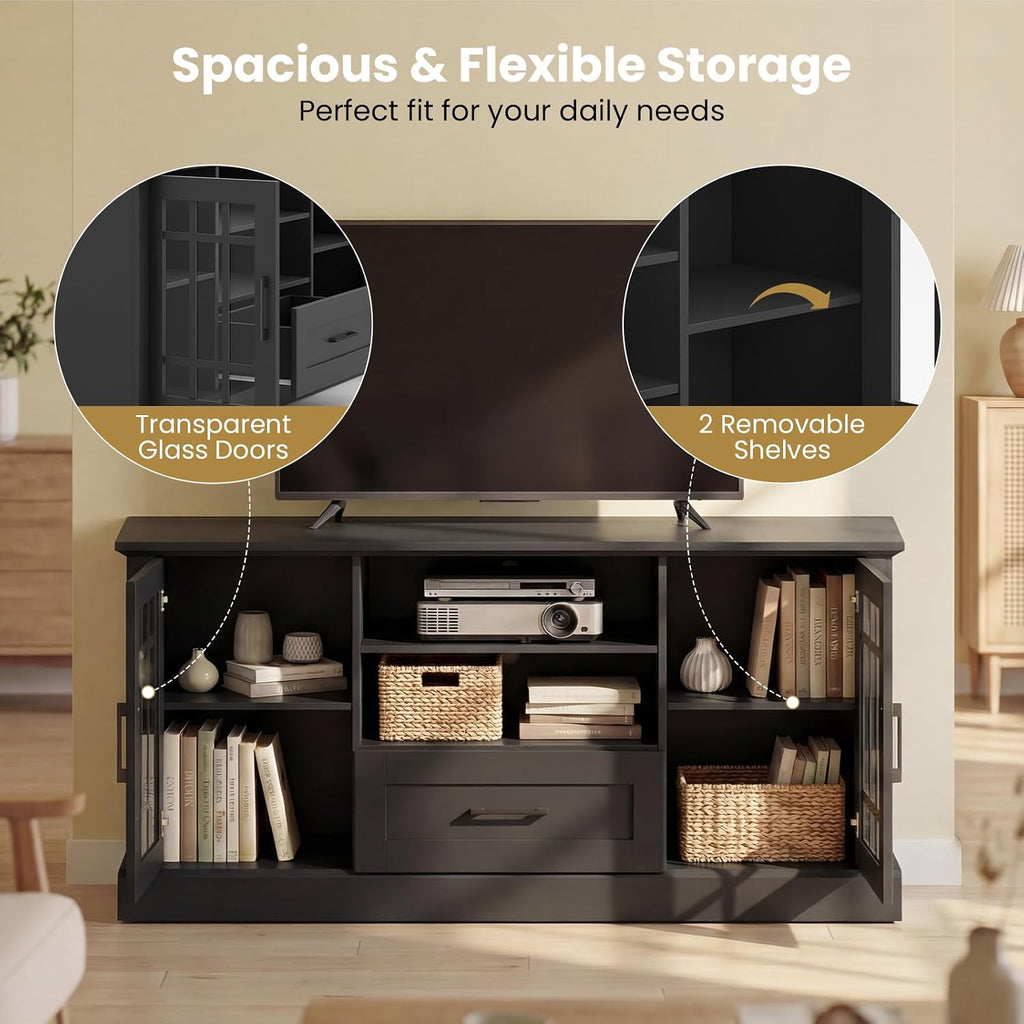 Giantex Farmhouse TV Stand for 65/70 Inch TV, Tall Entertainment Center with Storage Cabinets, Glass Doors, Drawer, Removable Shelves, Media TV Console Table for Living Room, Bedroom (Black)
