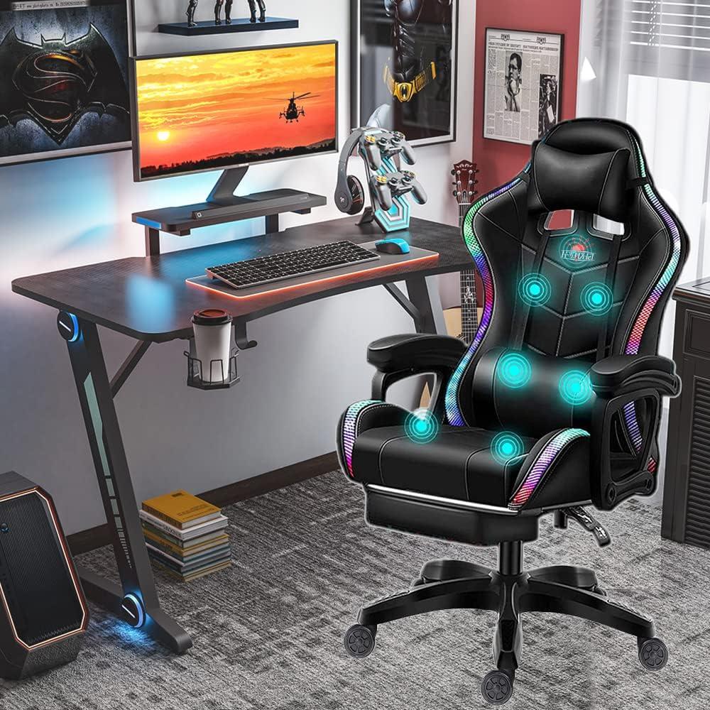 Gaming Chair with LED Light/Pro Gaming Chair with Bluetooth Speakers, Full Massage Lumbar Support and Backrest Adjustable Ergonomic Computer Gaming Chairs with Retractible Footrest,Black