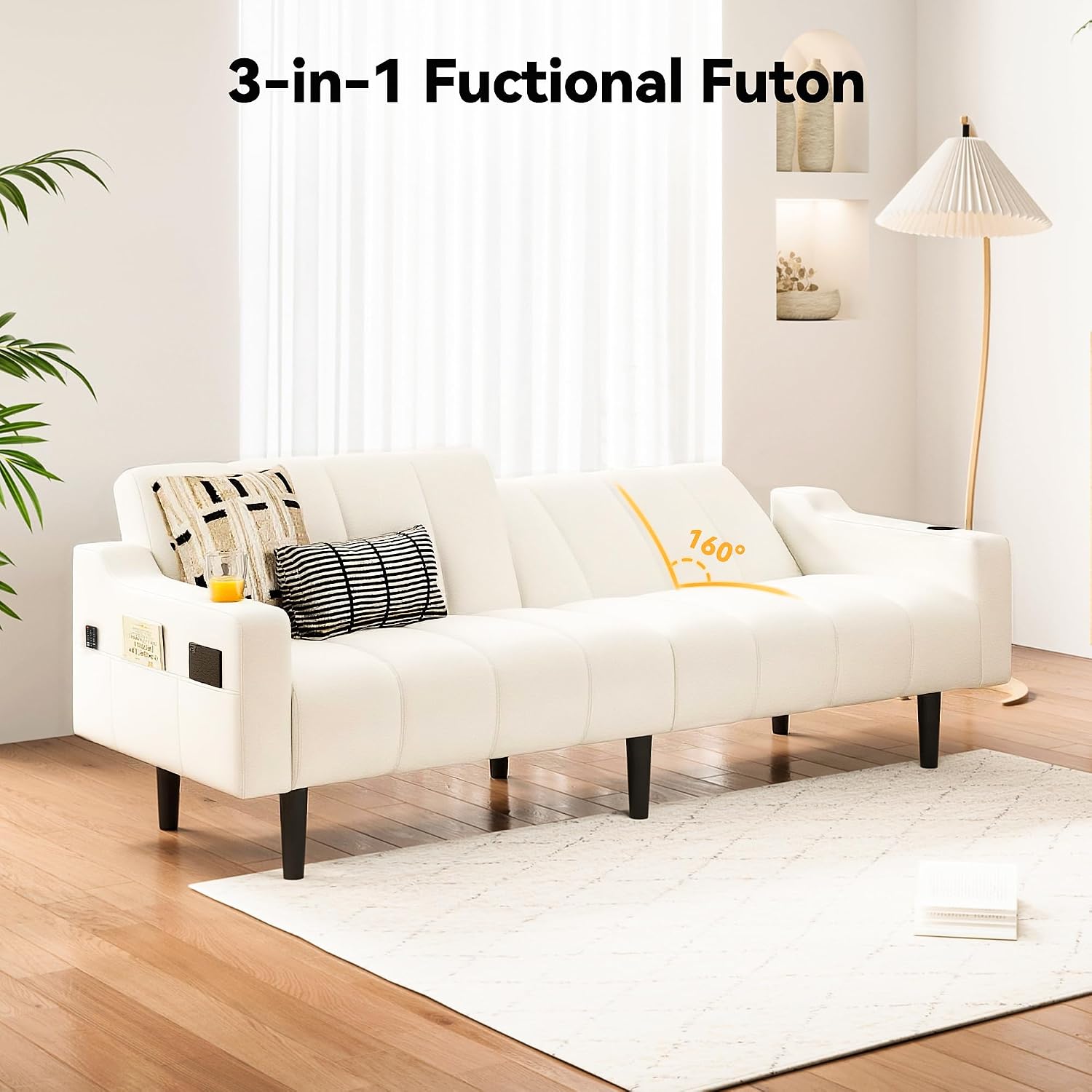 80'' Futon Sofa Bed,Faux Leather Futon Sleeper Sofa, Convertible Loveseat with Adjustable Sofa Backrest,Modern Couches for Living Room, Bedroom, Apartment, Office (Beige)