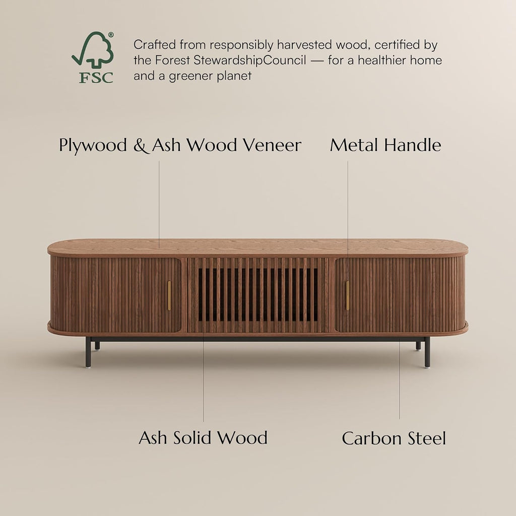 POVISON Fully-Assembled Mid Century Modern TV Stand for 65 inch TV, Sliding Door Entertainment Center with Storage, Wood TV Console, Media Console for Living Room Bedroom(Walnut, 70.87')