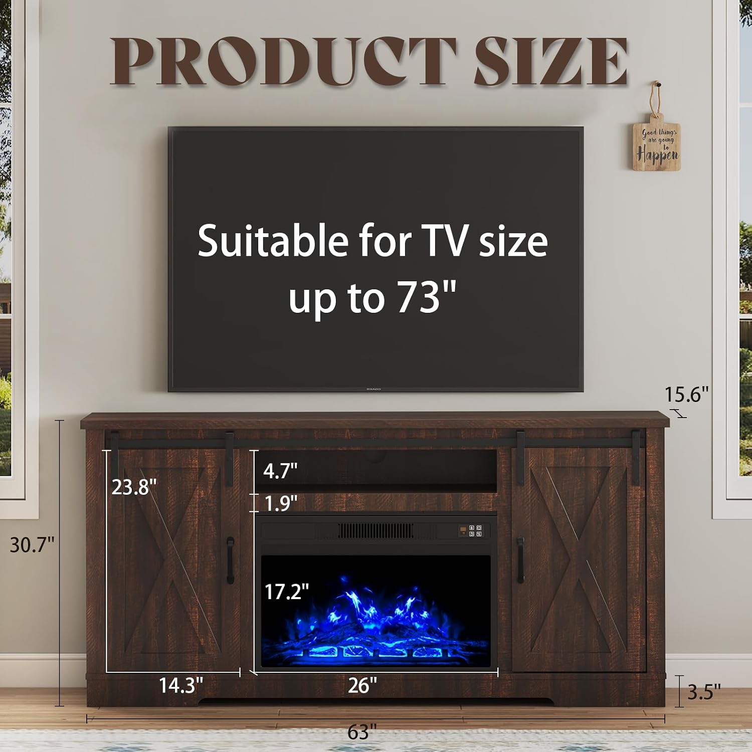 AMERLIFE Fireplace TV Stand with Sliding Barn Door for TVs up to 73', Farmhouse 63' Fireplace Entertainment Center with Storage Cabinets/Adjustable Shelves, Reclaimed Barnwood