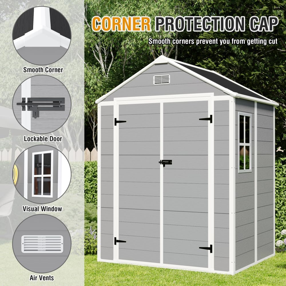 6x5FT Resin Storage Shed - Dark Gray Plastic Garden Shed with Floor Included, Waterproof UV/Rust Proof Outdoor Shed for Backyard, 12mm Thick PP Sheds & Outdoor Storage with HD Acrylic Window (6*5ft)