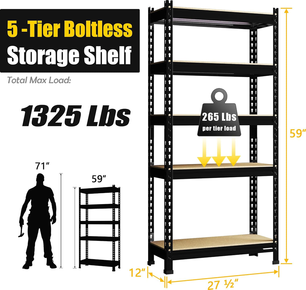 PrimeZone Storage Shelves 5 Pack 5 Tier Adjustable Garage Storage Shelving, Heavy Duty Metal Storage Utility Rack Organizer Shelf Unit for Warehouse Pantry Closet Kitchen Basement, Black