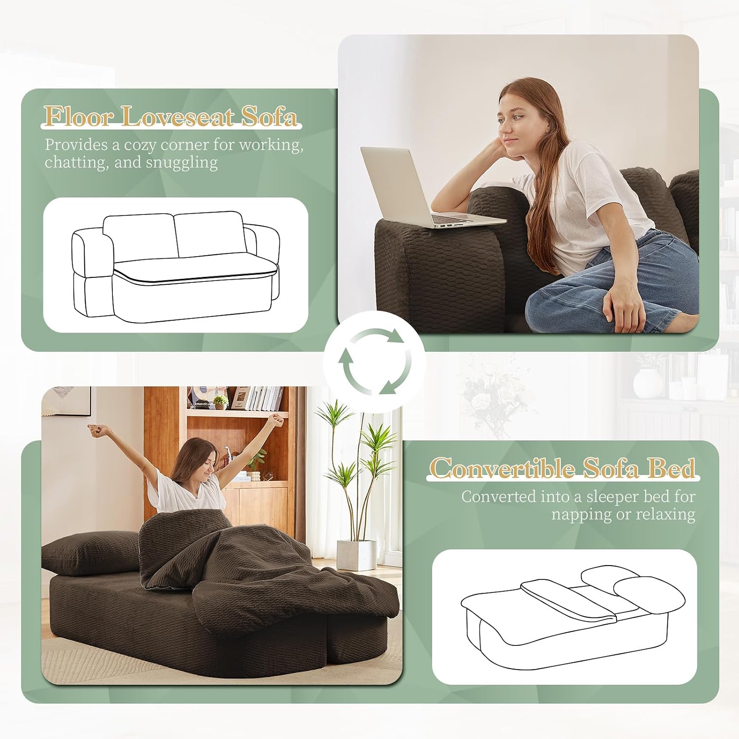 Futon Sofa Bed with Blanket, Convertible Folding Boneless Compressed Faux Fur Memory Foam Floor Loveseat Sleeper Sofa Couch Full Size Bed with Pillows for Guest Room Living Room Small Space, Brown