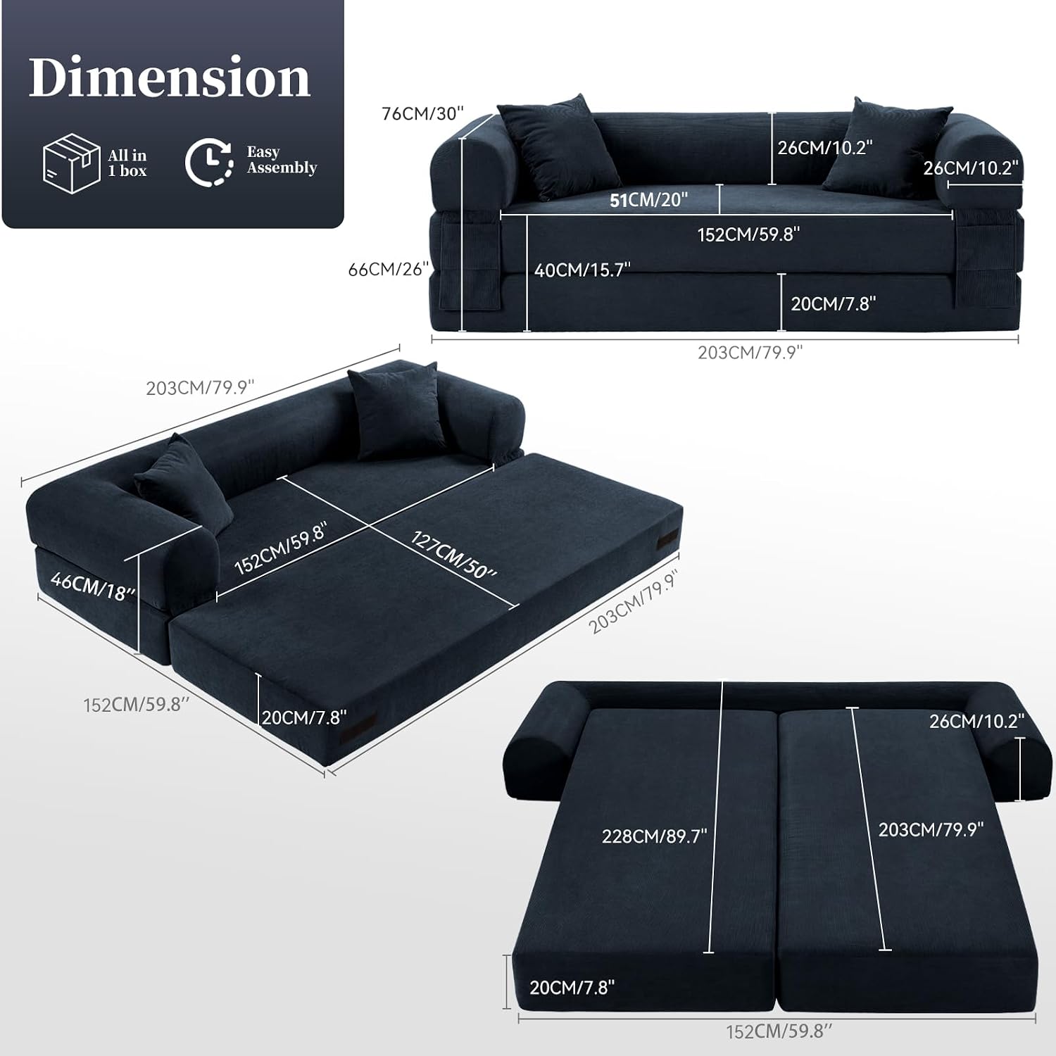 KBQ 3-Seat Convertible Sleeper Sofa Bed with 2 Pillows, Corduroy Folding Mattress Couch, Floor Sofa Lounge Couch for Living Room Bedroom Lounge Studio, Deep Blue