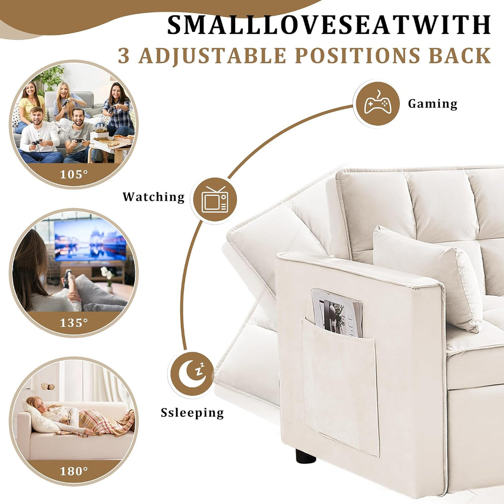 Oversized 3-in-1 Convertible Sleeper Sofa Bed, Futon Couch with Pullout Bed, 2-Seater Loveseat Sofa w/Pockets, Adjustable Backrest and Pillows for Living Room Apartment (White-55inch)