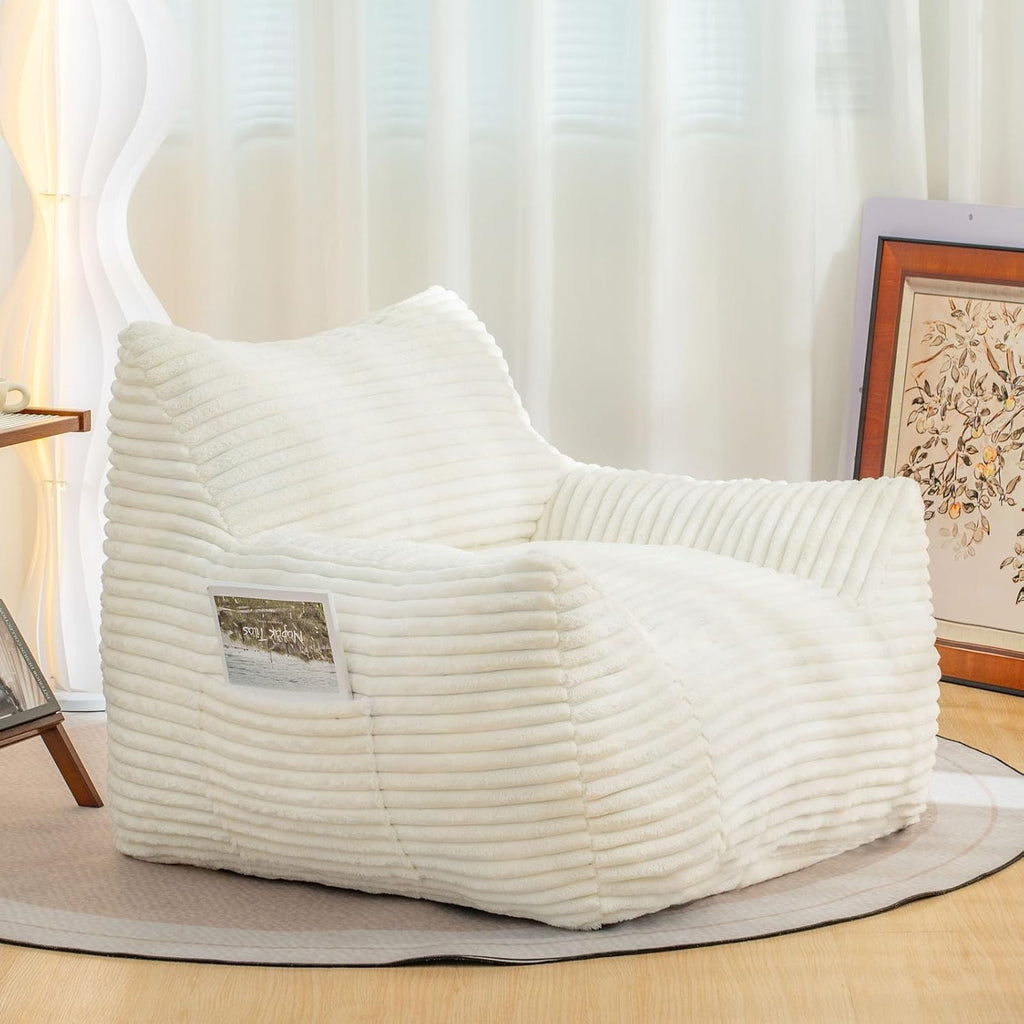 Bean Bag Chair for Adults, Comfy Corduroy Beanbag with Armrests, Lazy Sofa Floor Chair for Living Room, Bedroom, Dorm & Lounge, Cozy Fluffy Single Mini Couch (White)