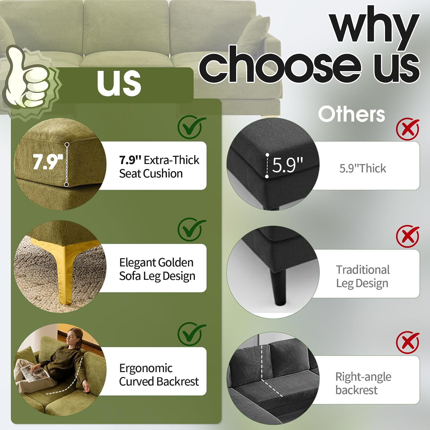 VINGLI 100' W U Shaped Couch with Ottoman, 22' Deep Seat Comfortable Sectional Couches for Living Room, 3 Seater Chenille Fabric Cloud Sofa for Apartment, Small Spaces, Bedroom, Green