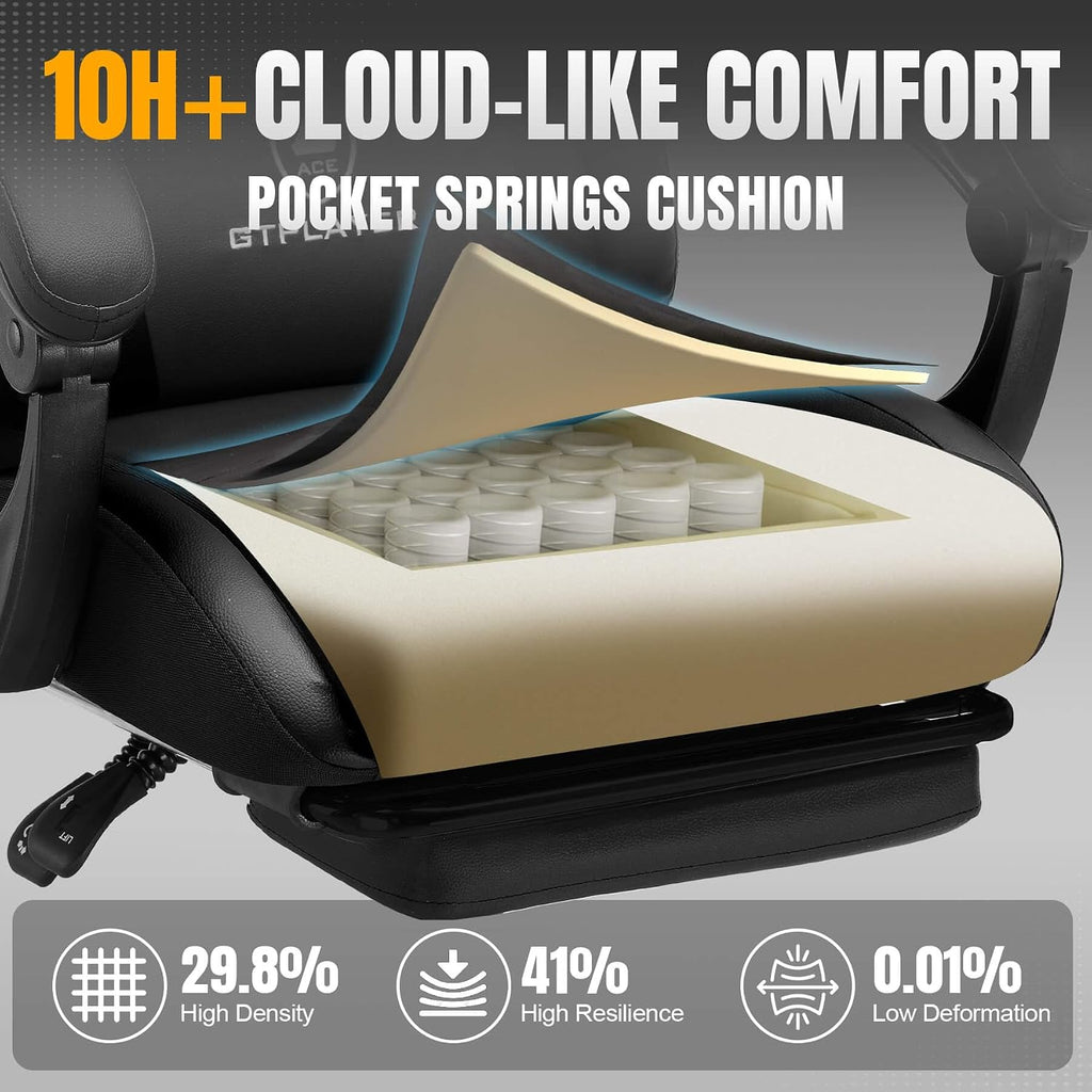 GTPLAYER Gaming Chair with Pocket Spring Cushion, Leather Office Chair with Ergonomic High Back & Lumbar Support for Back Pain Relief, Computer Game Chair for Adults, Black