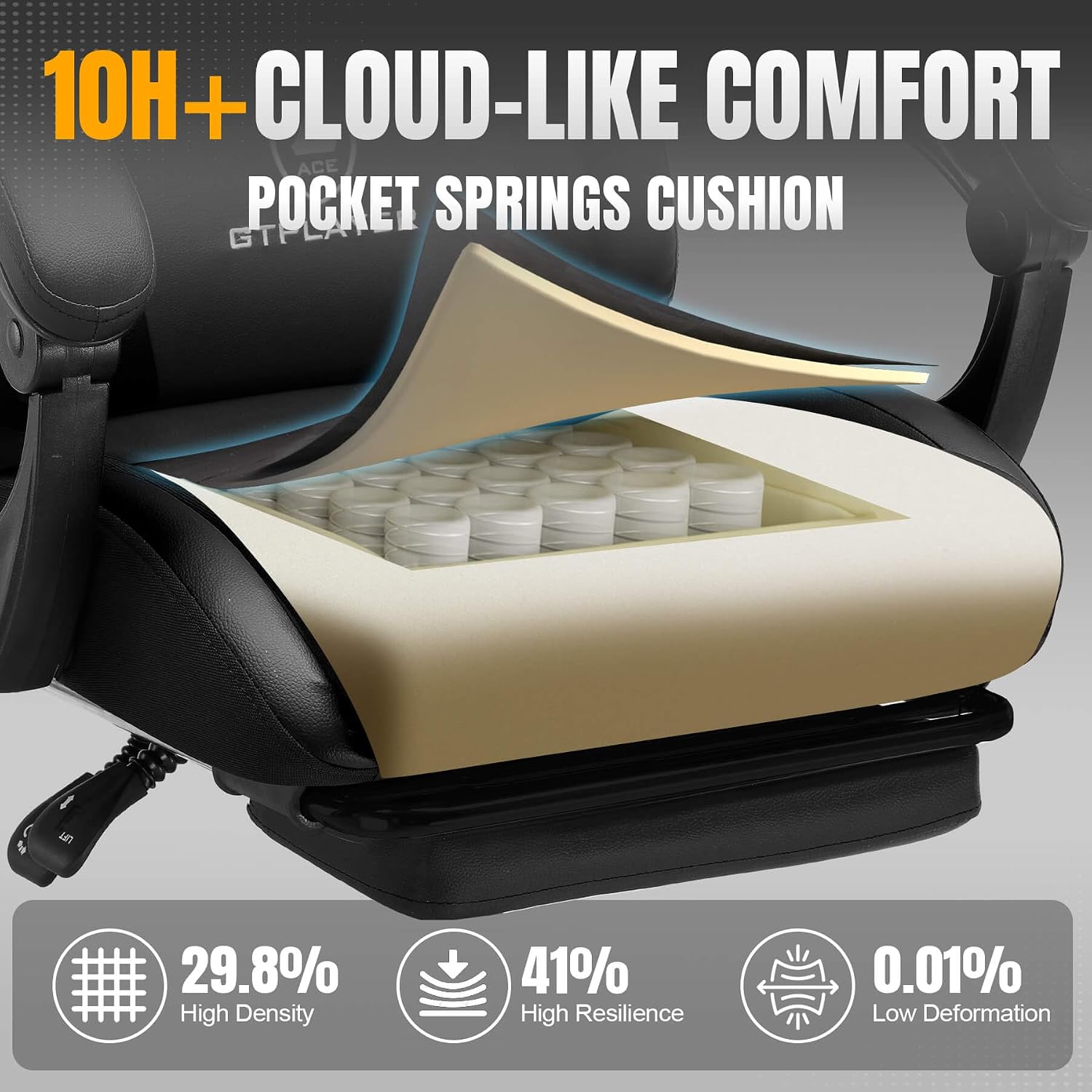 GTPLAYER Gaming Chair with Pocket Spring Cushion, Leather Office Chair with Ergonomic High Back & Lumbar Support for Back Pain Relief, Computer Game Chair for Adults, Black