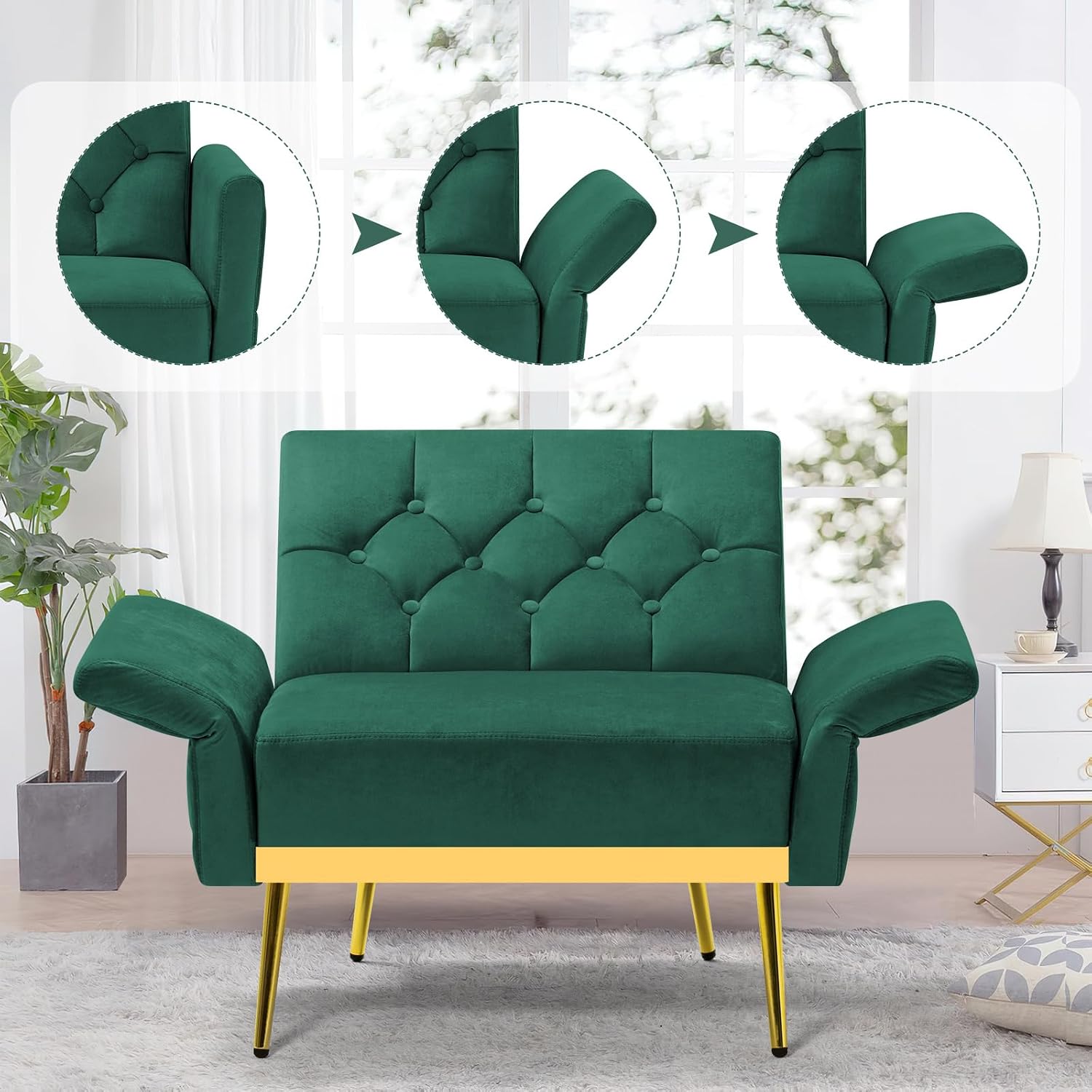 2 Pieces Velvet Sofa Set w/Adjustable Armrests and Backrests, Tufted Accent Chair w/Ottoman, Convertible Futon Sofa Bed for Bedroom, Living Room, Apartment, Green