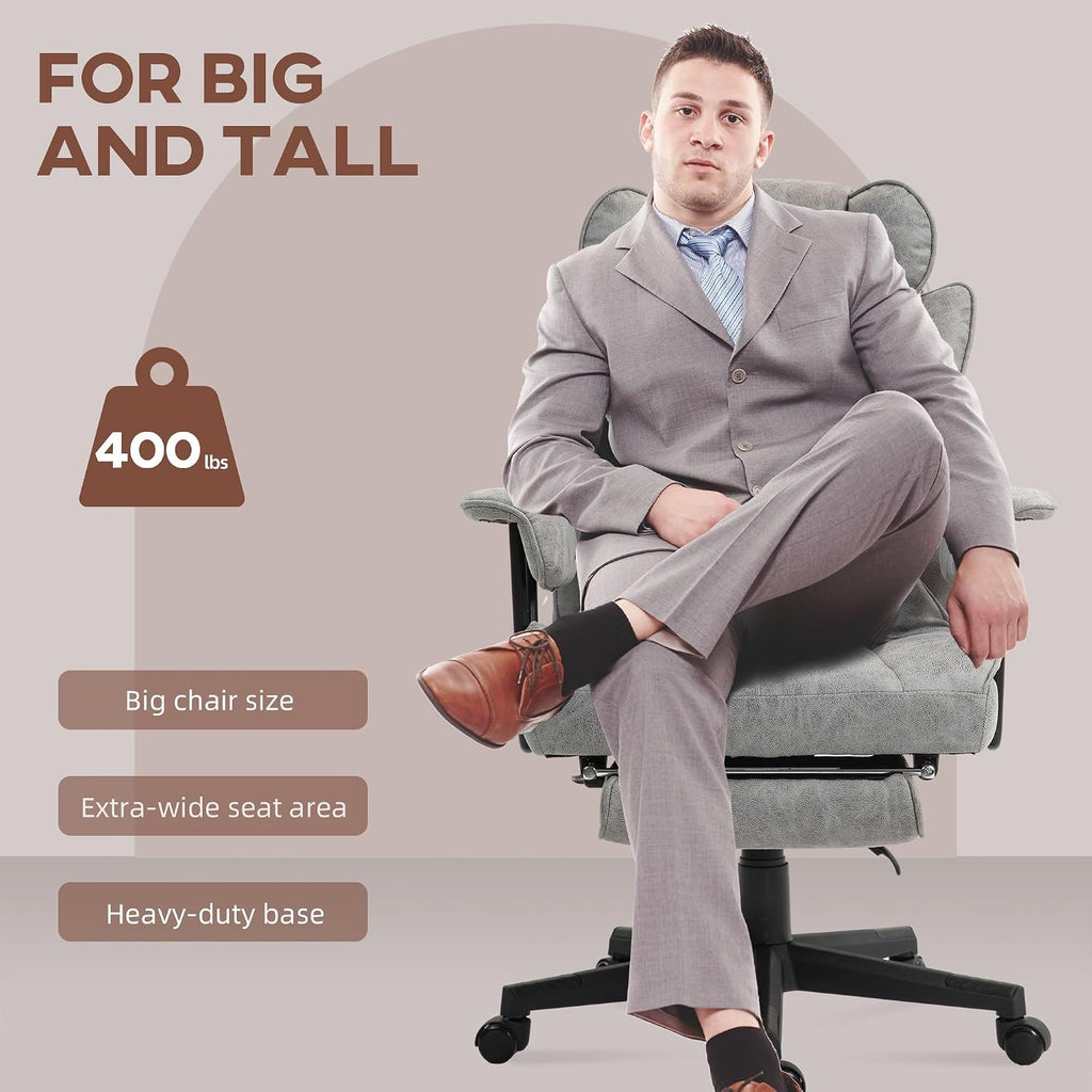 Massage Executive Office Chair with 6 Vibration Points, 400LBS Heated Big and Tall Office Chair with Foot Rest and Lumbar Support, Microfiber, Gray