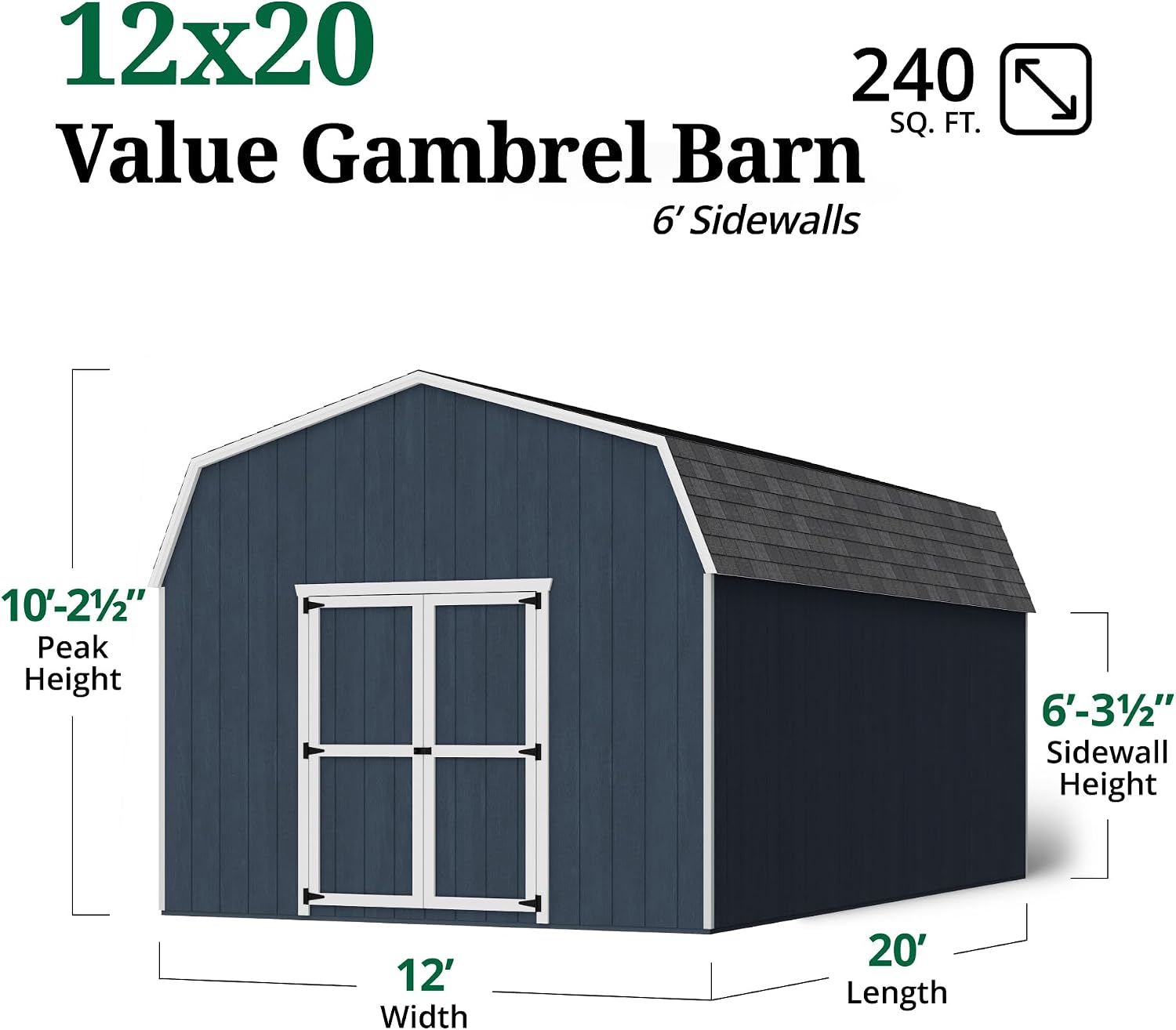 Little Cottage Co. 12x20 Value Gambrel Barn with 6 ft. Sidewalls with Floor, Outdoor Wood Storage Shed Do-It-Yourself Precut Kit